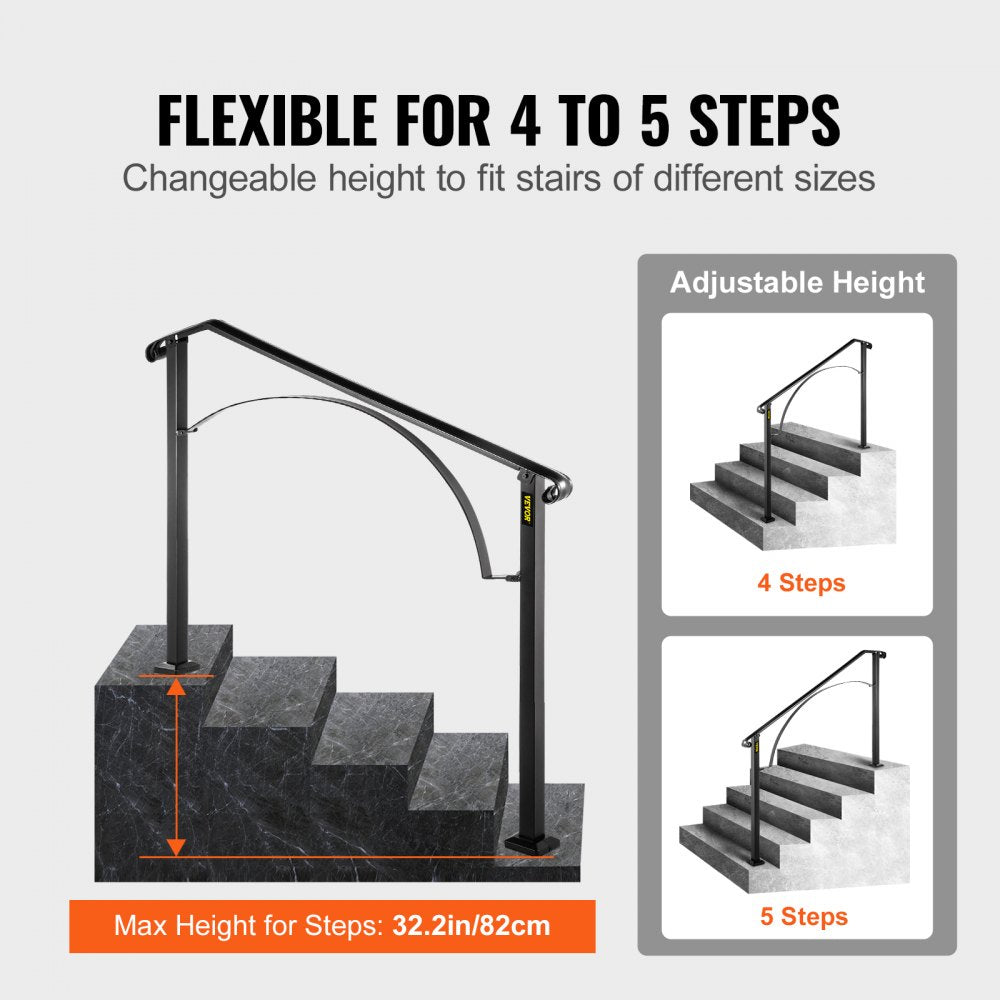 VEVOR Handrails for Outdoor Steps, Fit 4 or 5 Steps Outdoor Stair Railing, Arch#4 Wrought Iron Handrail, Flexible Porch Railing, Black Transitional Handrails for Concrete Steps or Wooden Stairs 