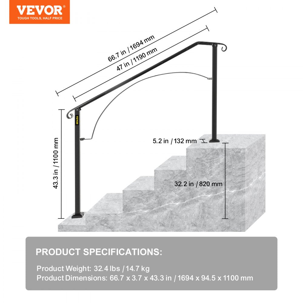 VEVOR Handrails for Outdoor Steps, Fit 4 or 5 Steps Outdoor Stair Railing, Arch#4 Wrought Iron Handrail, Flexible Porch Railing, Black Transitional Handrails for Concrete Steps or Wooden Stairs 