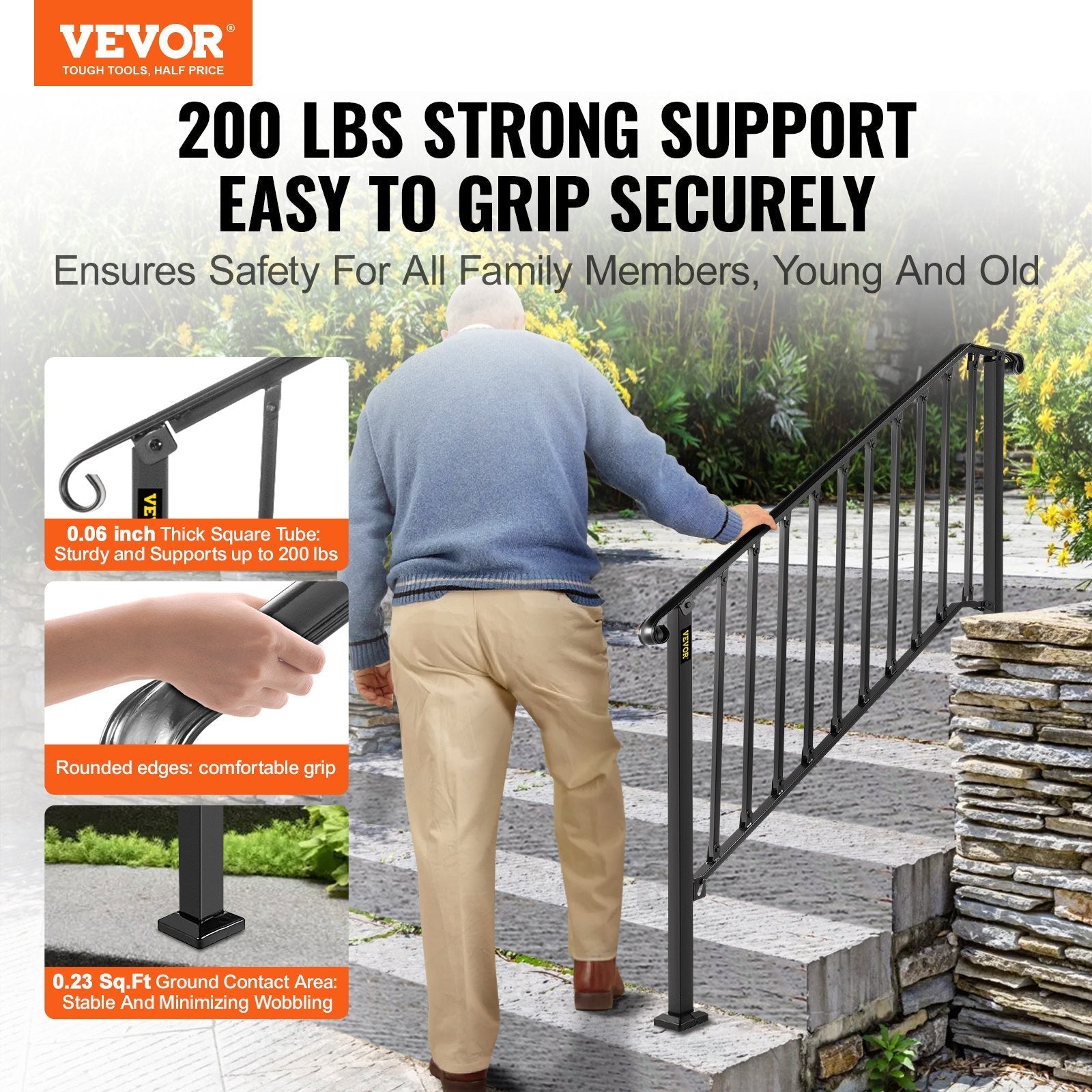 VEVOR Handrails for Outdoor Steps, Fit 4 or 5 Steps Outdoor Stair Railing, Picket#4 Wrought Iron Handrail, Flexible Porch Railing, Black Transitional Handrails for Concrete Steps or Wooden Stairs 
