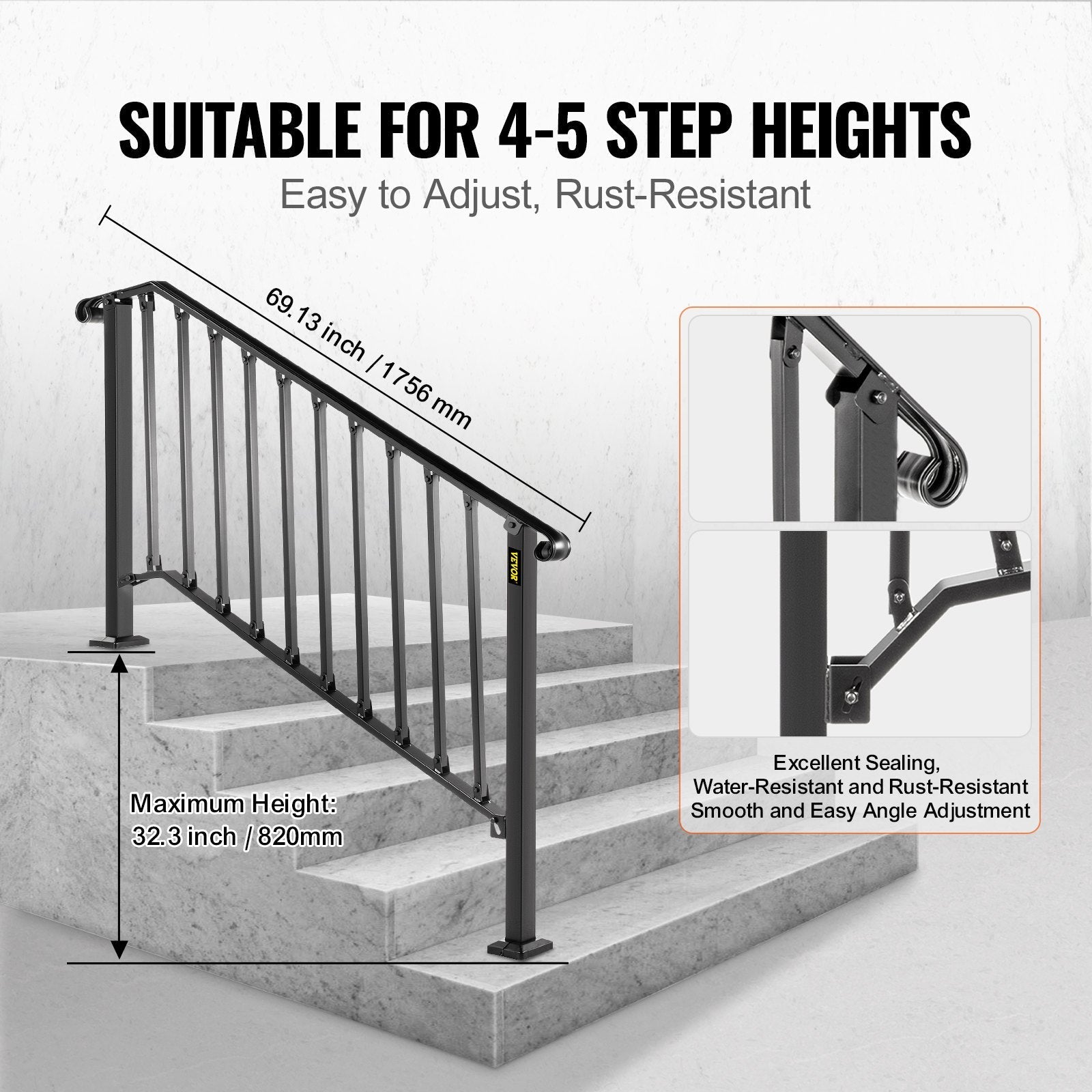 VEVOR Handrails for Outdoor Steps, Fit 4 or 5 Steps Outdoor Stair Railing, Picket#4 Wrought Iron Handrail, Flexible Porch Railing, Black Transitional Handrails for Concrete Steps or Wooden Stairs 