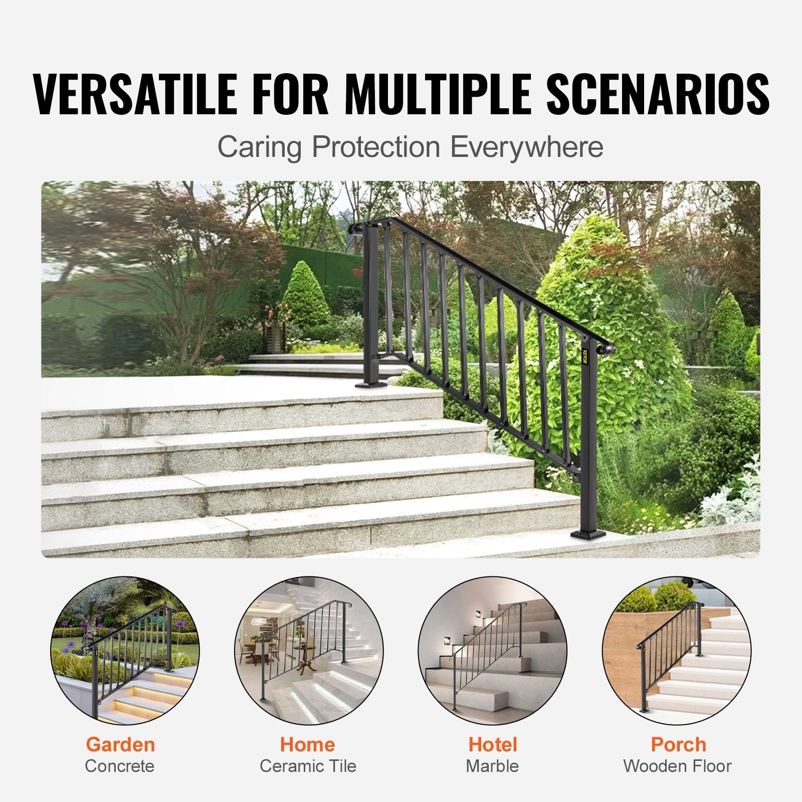 VEVOR Handrails for Outdoor Steps, Fit 4 or 5 Steps Outdoor Stair Railing, Picket#4 Wrought Iron Handrail, Flexible Porch Railing, Black Transitional Handrails for Concrete Steps or Wooden Stairs 