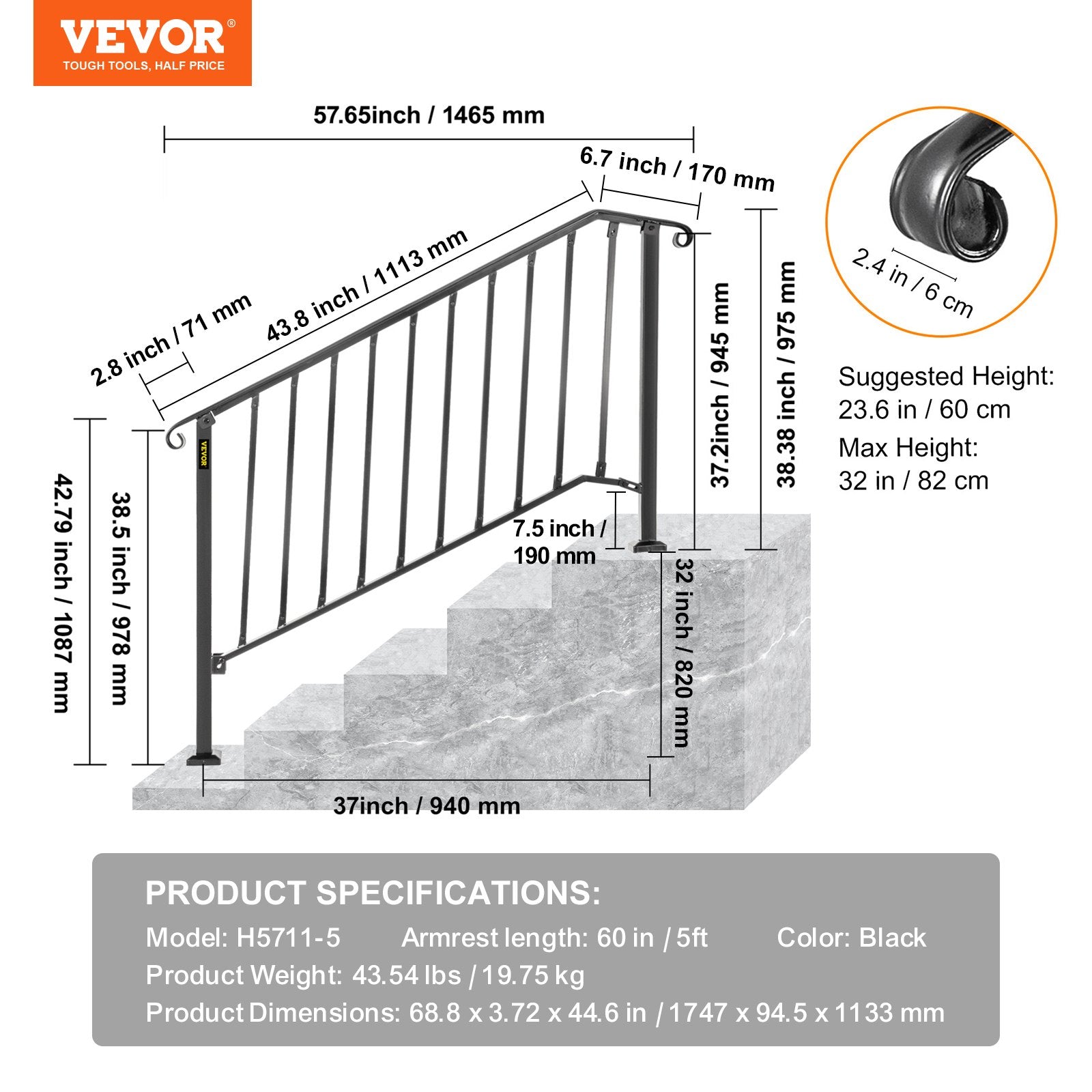 VEVOR Handrails for Outdoor Steps, Fit 4 or 5 Steps Outdoor Stair Railing, Picket#4 Wrought Iron Handrail, Flexible Porch Railing, Black Transitional Handrails for Concrete Steps or Wooden Stairs 
