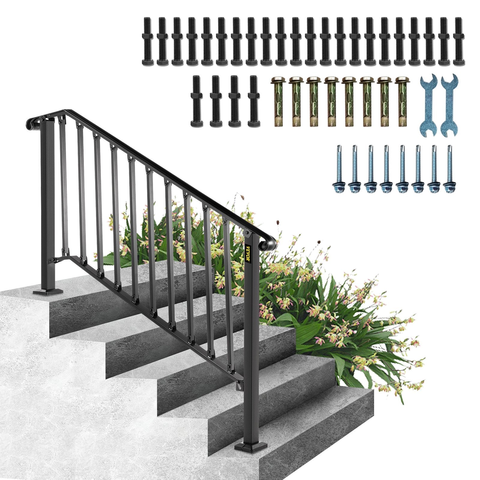 VEVOR Handrails for Outdoor Steps, Fit 4 or 5 Steps Outdoor Stair Railing, Picket#4 Wrought Iron Handrail, Flexible Porch Railing, Black Transitional Handrails for Concrete Steps or Wooden Stairs 