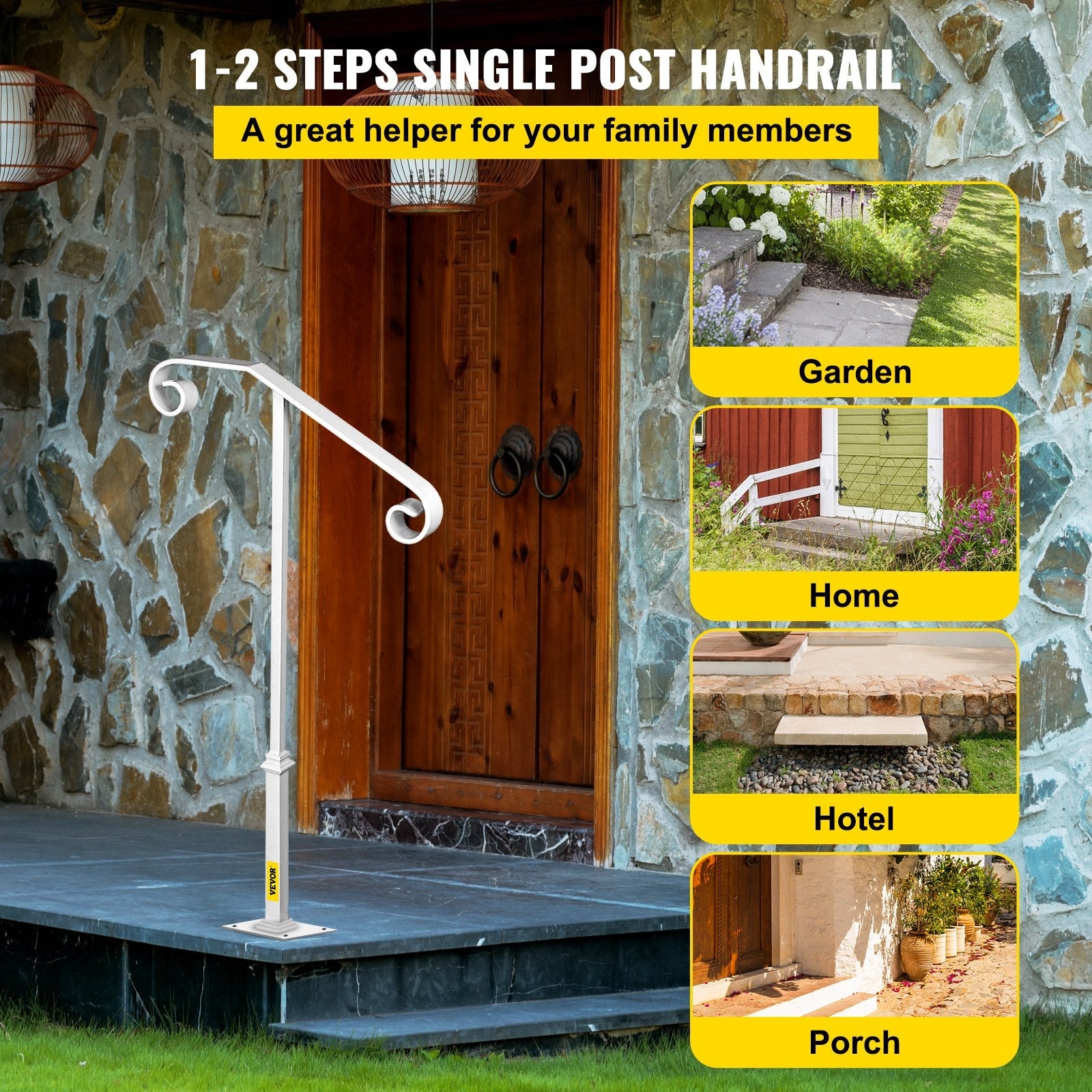 Single Post Handrail Handrail Wrought Iron Fits 1 or 2 Steps Matte White 
