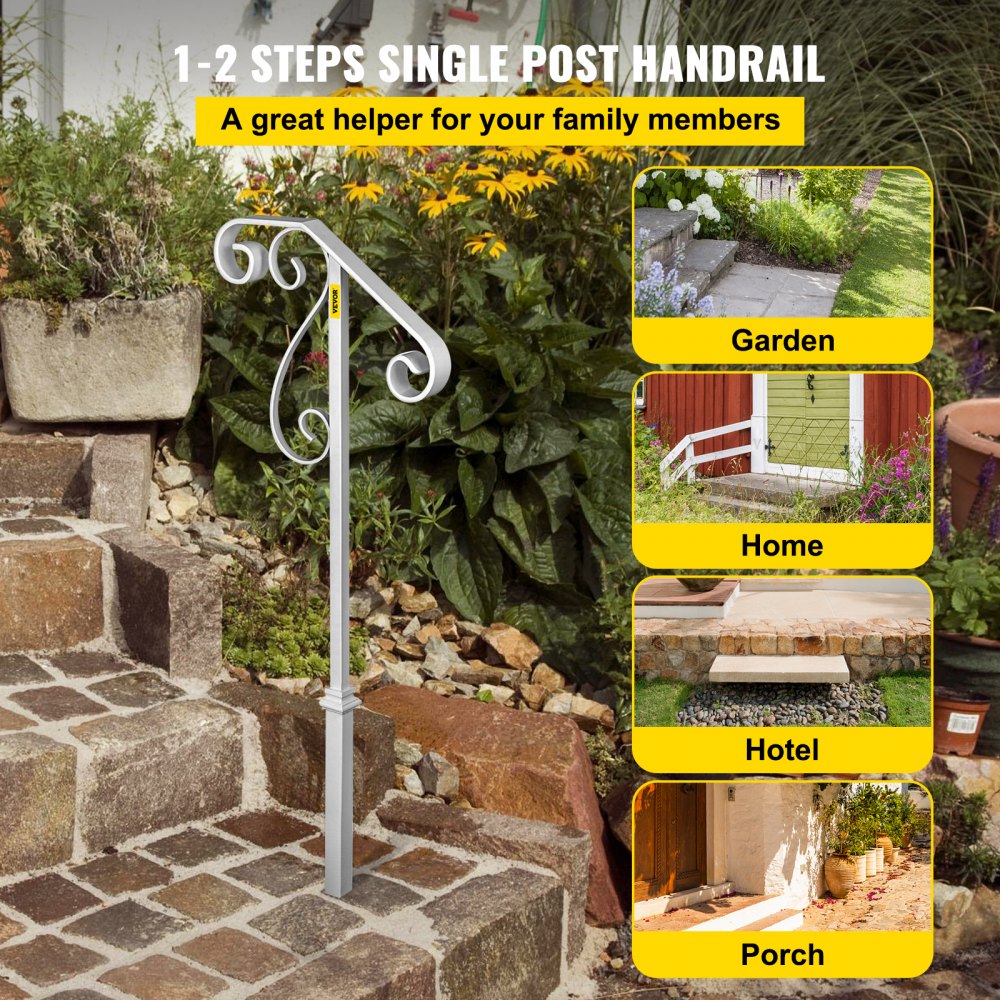 VEVOR Handrails for Outdoor Steps, Fit 1 or 2 Steps Outdoor Stair Railing, Single Post Wrought Iron Handrail Flower Design, White Porch Railings for Concrete Steps or Wooden Stairs Without Base 