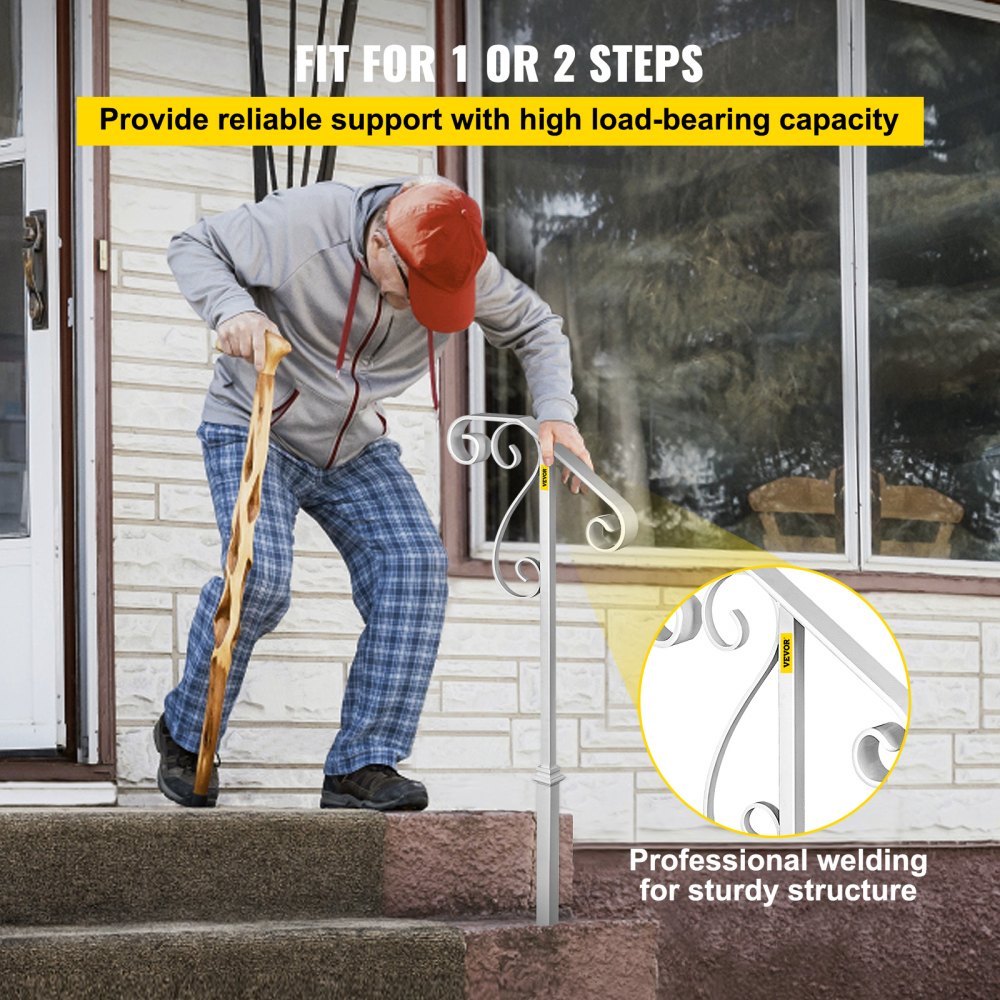 VEVOR Handrails for Outdoor Steps, Fit 1 or 2 Steps Outdoor Stair Railing, Single Post Wrought Iron Handrail Flower Design, White Porch Railings for Concrete Steps or Wooden Stairs Without Base 