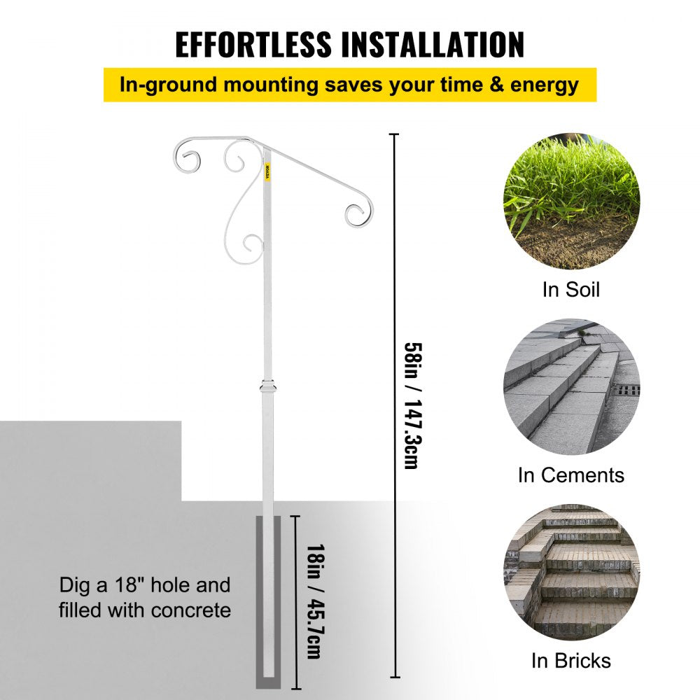 VEVOR Handrails for Outdoor Steps, Fit 1 or 2 Steps Outdoor Stair Railing, Single Post Wrought Iron Handrail Flower Design, White Porch Railings for Concrete Steps or Wooden Stairs Without Base 