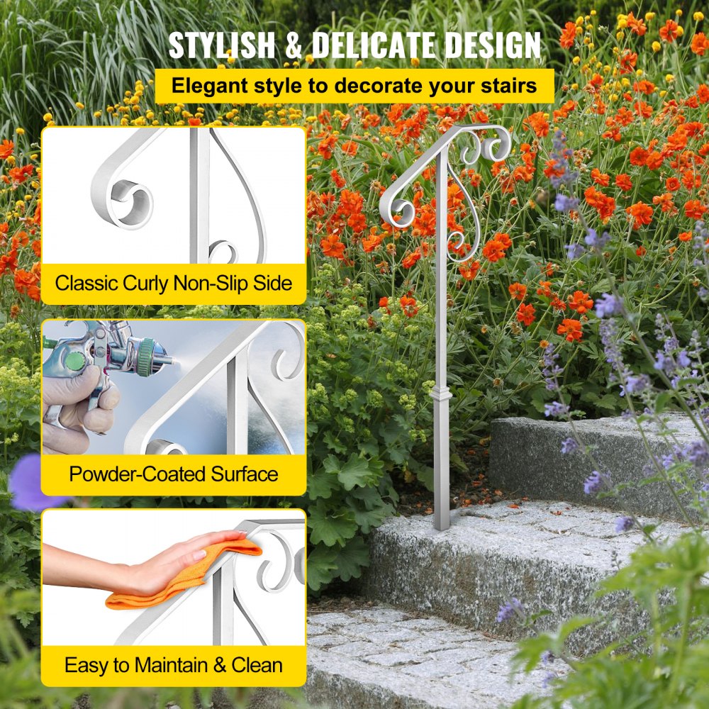 VEVOR Handrails for Outdoor Steps, Fit 1 or 2 Steps Outdoor Stair Railing, Single Post Wrought Iron Handrail Flower Design, White Porch Railings for Concrete Steps or Wooden Stairs Without Base 
