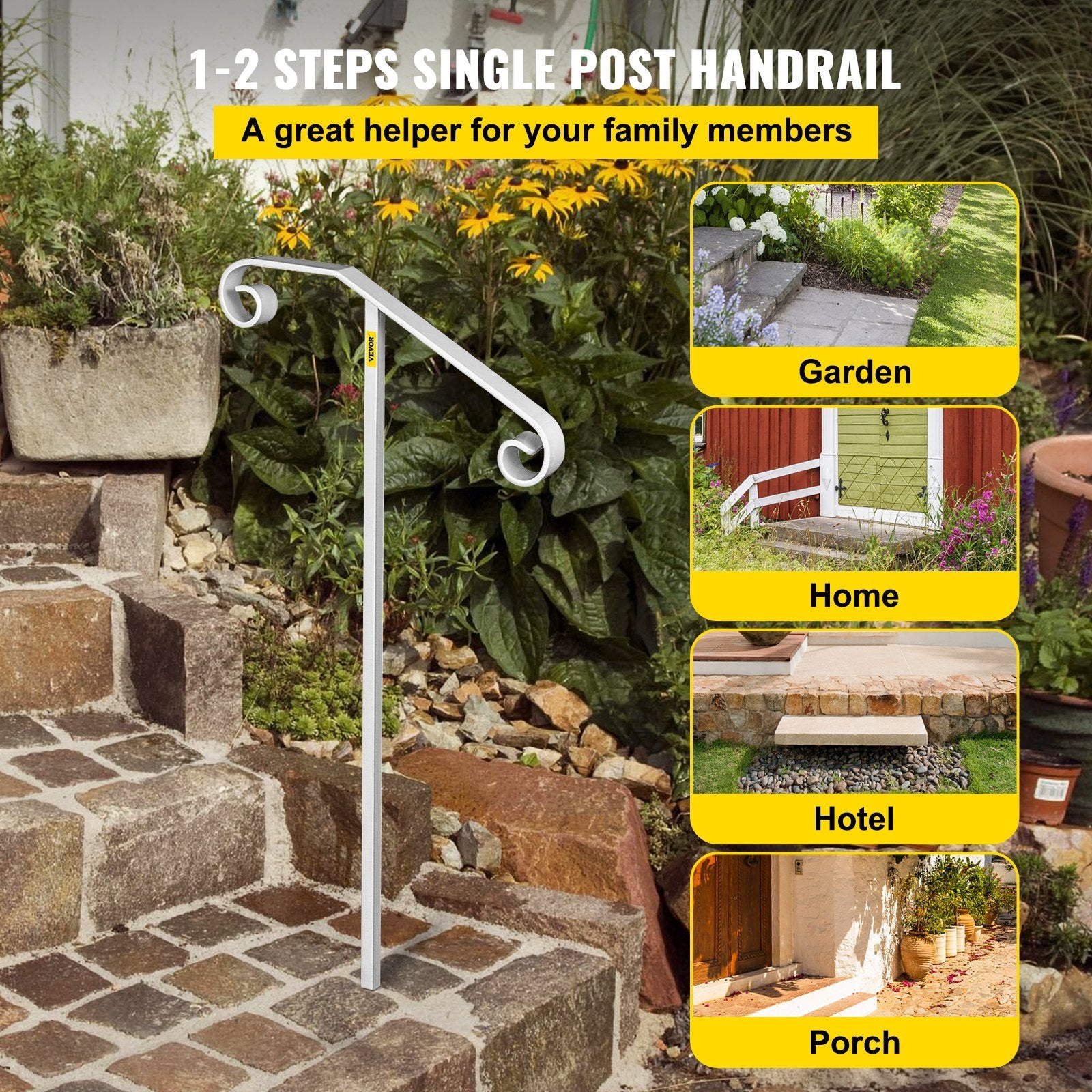 VEVOR Single Post Handrail Wrought Iron Post Mount Step Grab Supports in Ground Long Post Fits 1 or 2 Steps Grab Rail Single Post Railing 