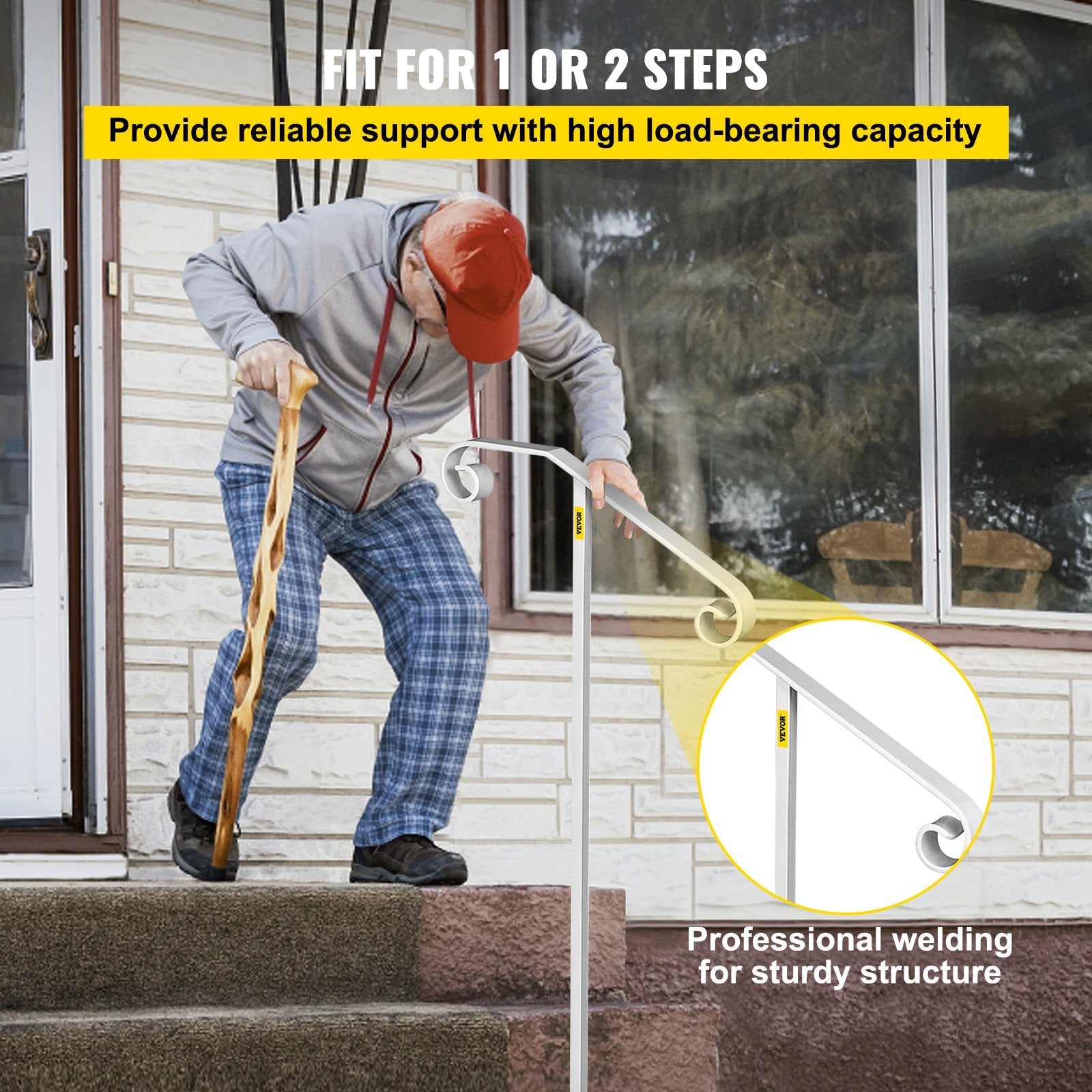 VEVOR Single Post Handrail Wrought Iron Post Mount Step Grab Supports in Ground Long Post Fits 1 or 2 Steps Grab Rail Single Post Railing 