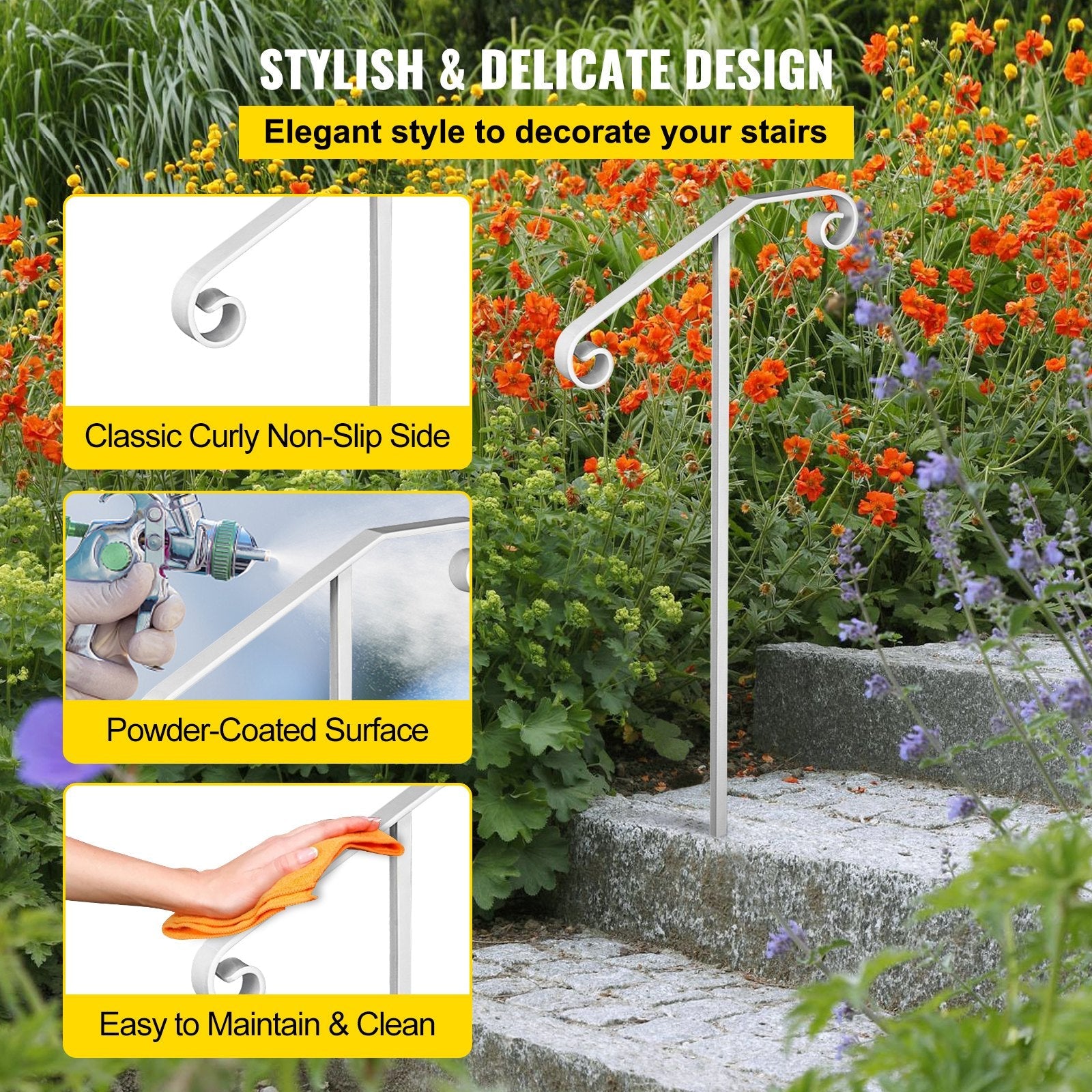 VEVOR Single Post Handrail Wrought Iron Post Mount Step Grab Supports in Ground Long Post Fits 1 or 2 Steps Grab Rail Single Post Railing 