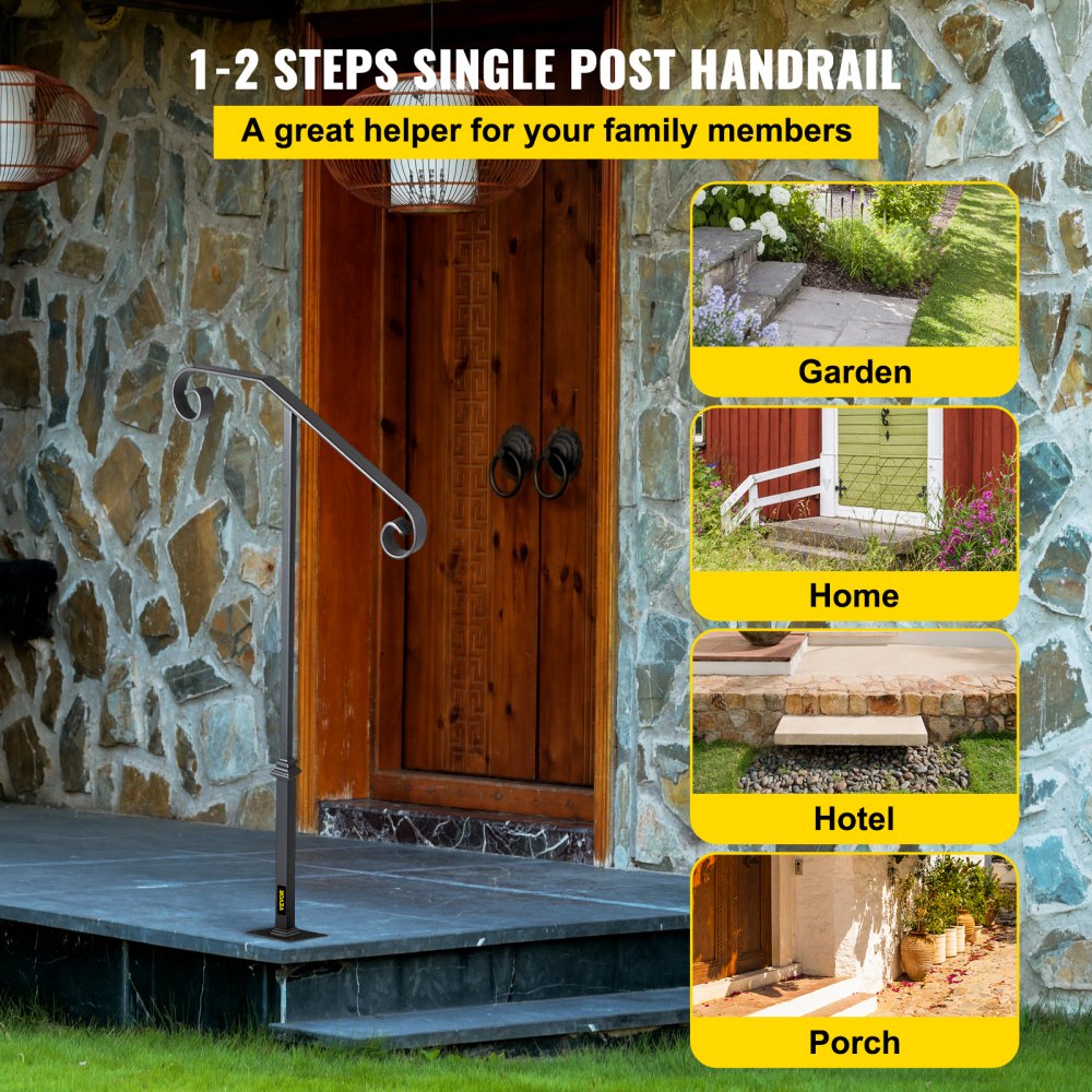 VEVOR Handrails for Outdoor Steps, Fit 1 or 2 Steps Outdoor Stair Railing, Single Post Wrought Iron Handrail, Gray Transitional Porch Railings for Concrete Steps or Wooden Stairs with Base 