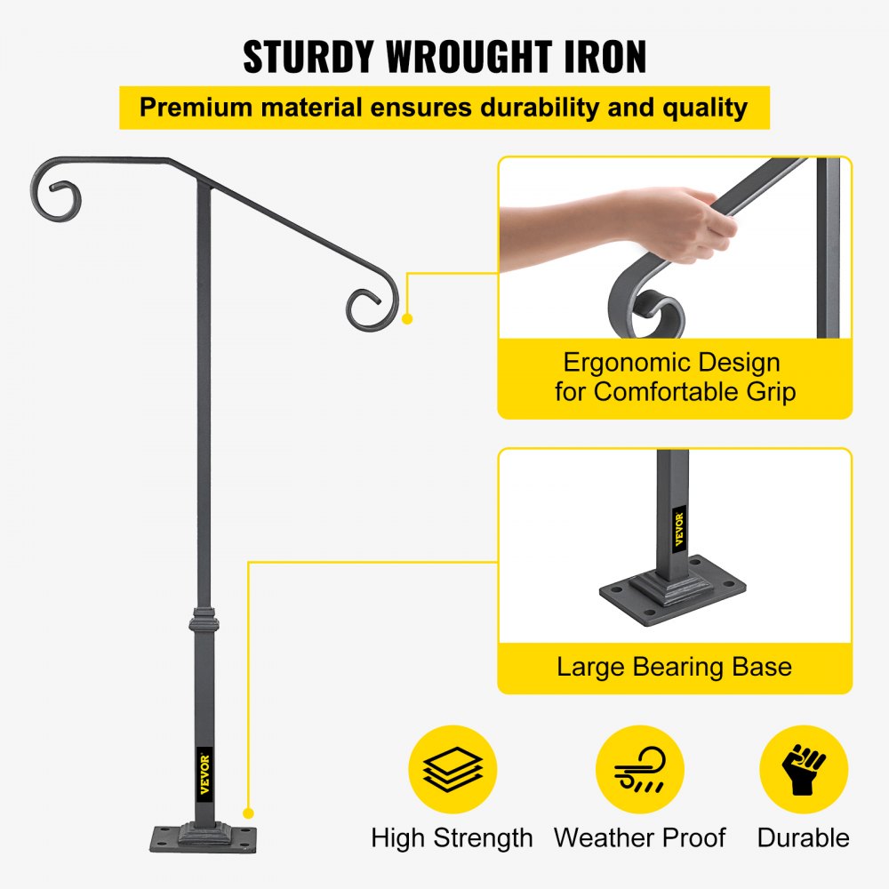 VEVOR Handrails for Outdoor Steps, Fit 1 or 2 Steps Outdoor Stair Railing, Single Post Wrought Iron Handrail, Gray Transitional Porch Railings for Concrete Steps or Wooden Stairs with Base 