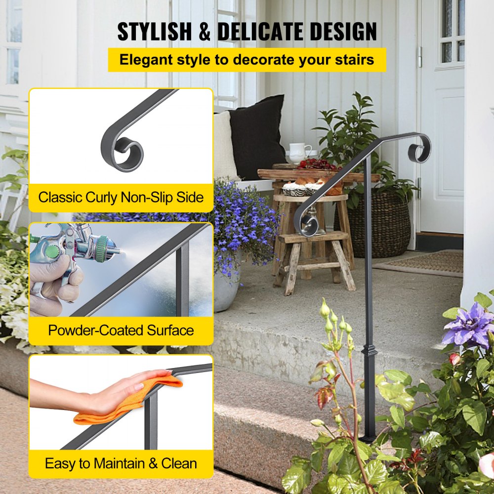 VEVOR Handrails for Outdoor Steps, Fit 1 or 2 Steps Outdoor Stair Railing, Single Post Wrought Iron Handrail, Gray Transitional Porch Railings for Concrete Steps or Wooden Stairs with Base 