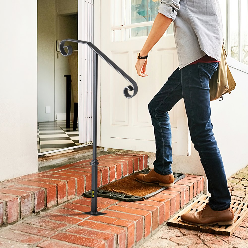 VEVOR Handrails for Outdoor Steps, Fit 1 or 2 Steps Outdoor Stair Railing, Single Post Wrought Iron Handrail, Gray Transitional Porch Railings for Concrete Steps or Wooden Stairs with Base 