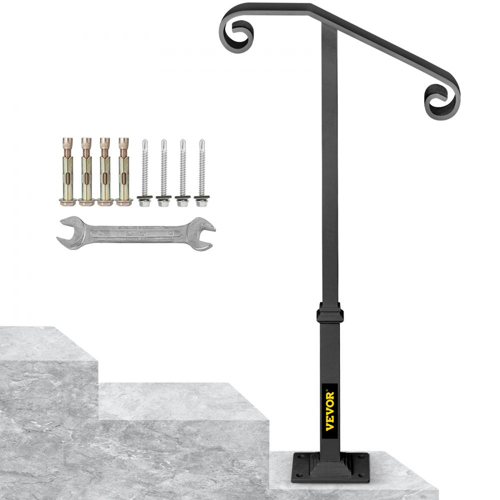 VEVOR Handrails for Outdoor Steps, Fit 1 or 2 Steps Outdoor Stair Railing, Single Post Wrought Iron Handrail, Gray Transitional Porch Railings for Concrete Steps or Wooden Stairs with Base 