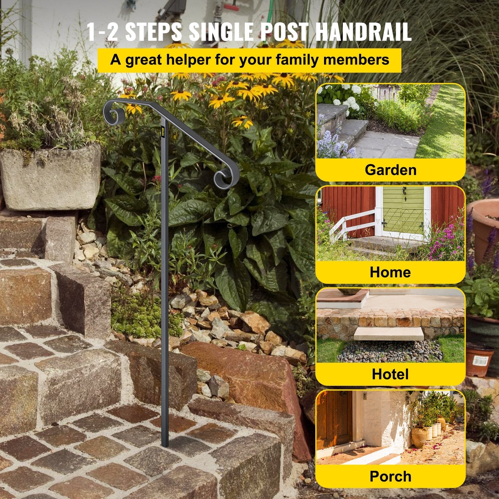 VEVOR Single Post Handrail Wrought Iron Post Mount Step Grab Supports in Ground Long Post Fits 1 or 2 Steps Grab Rail Single Post Railing (Gray) 