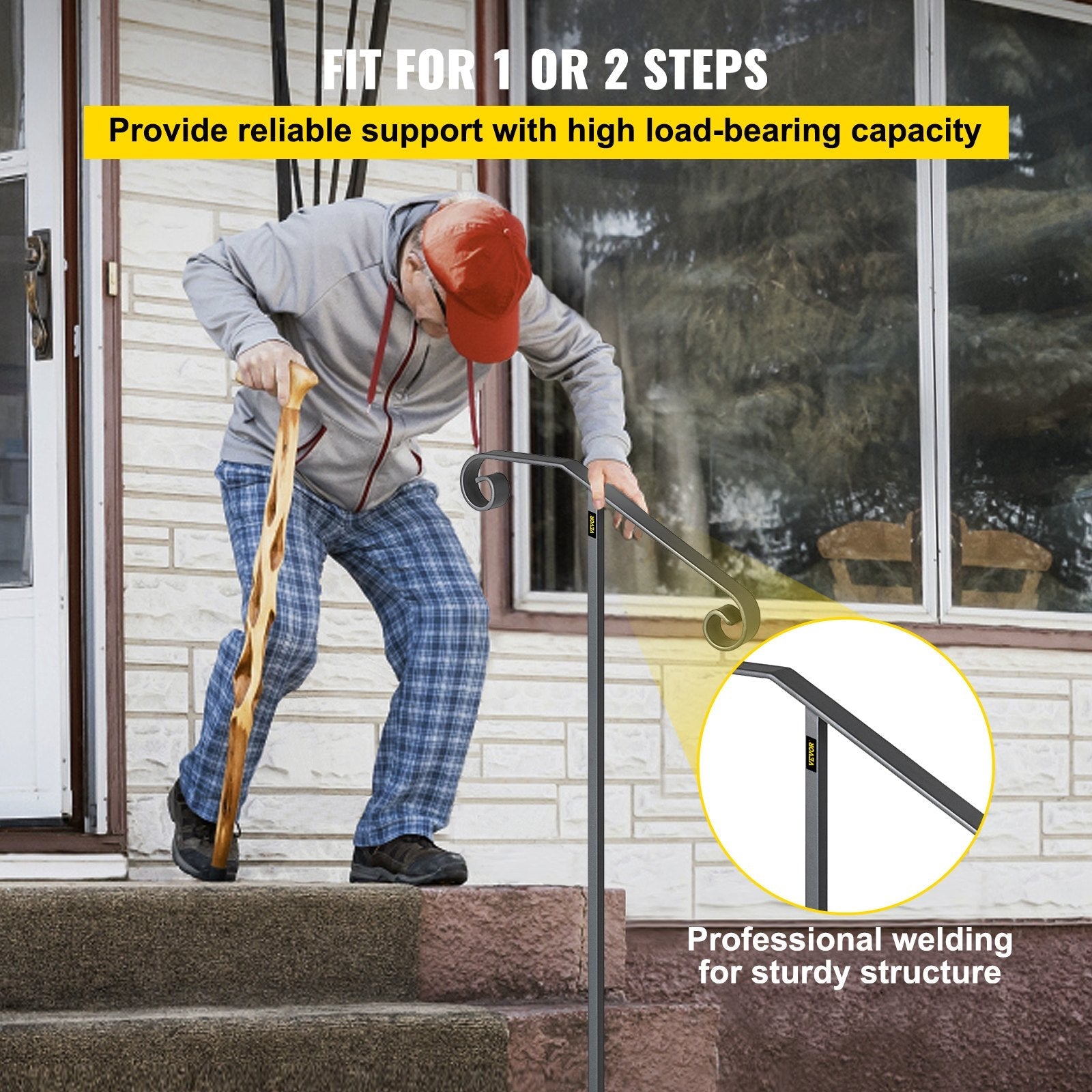 VEVOR Single Post Handrail Wrought Iron Post Mount Step Grab Supports in Ground Long Post Fits 1 or 2 Steps Grab Rail Single Post Railing (Gray) 