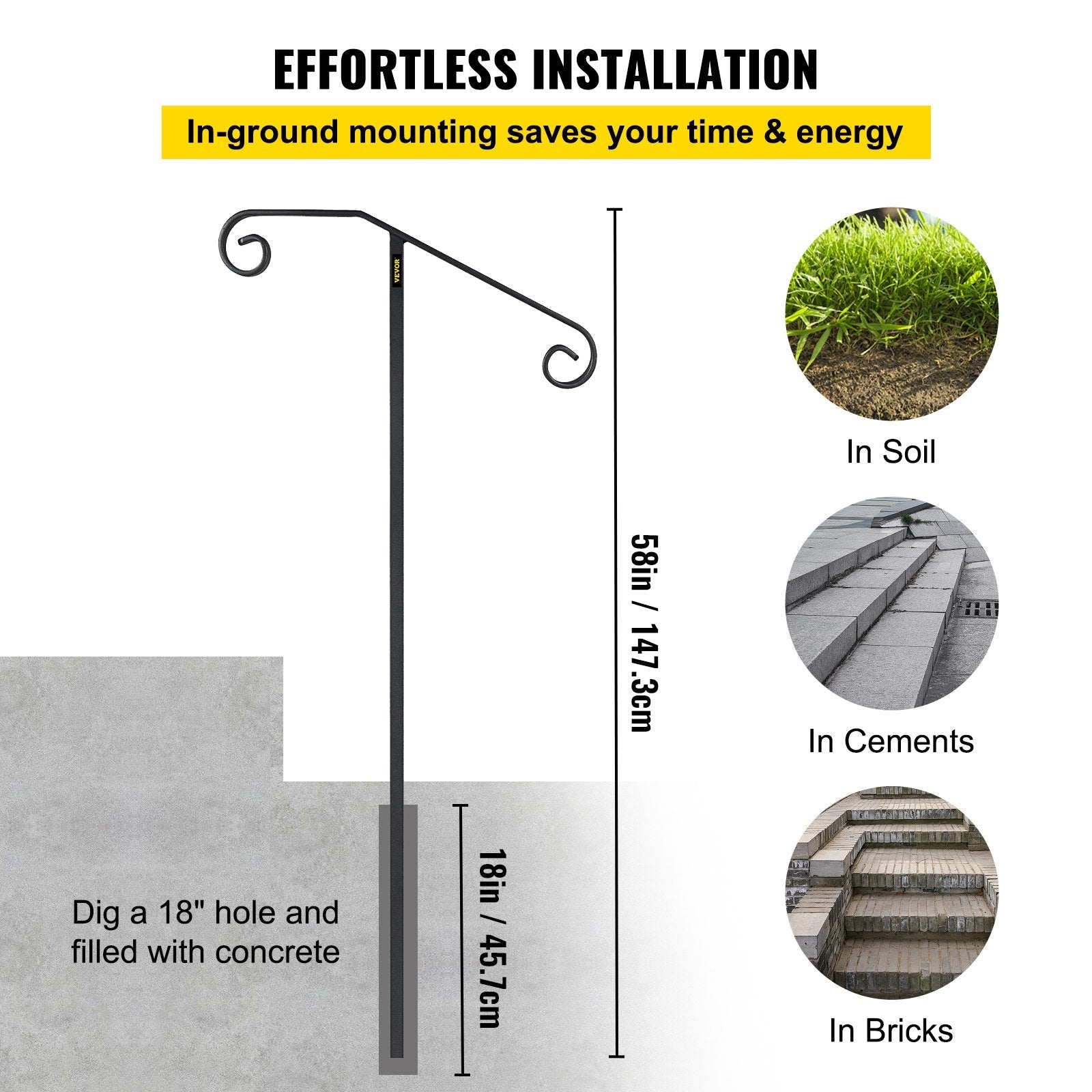 VEVOR Single Post Handrail Wrought Iron Post Mount Step Grab Supports in Ground Long Post Fits 1 or 2 Steps Grab Rail Single Post Railing (Gray) 