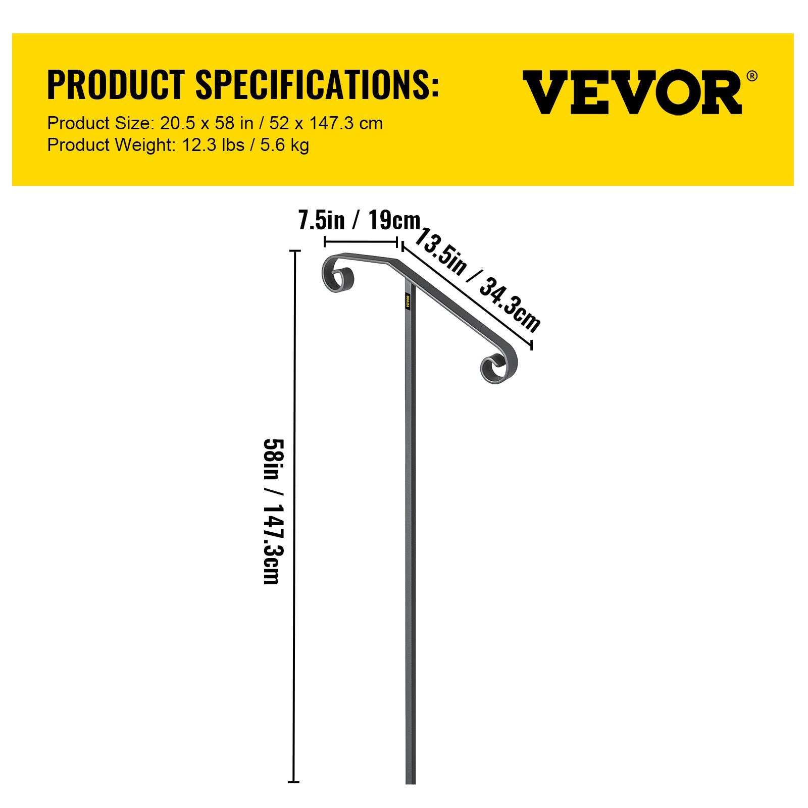 VEVOR Single Post Handrail Wrought Iron Post Mount Step Grab Supports in Ground Long Post Fits 1 or 2 Steps Grab Rail Single Post Railing (Gray) 