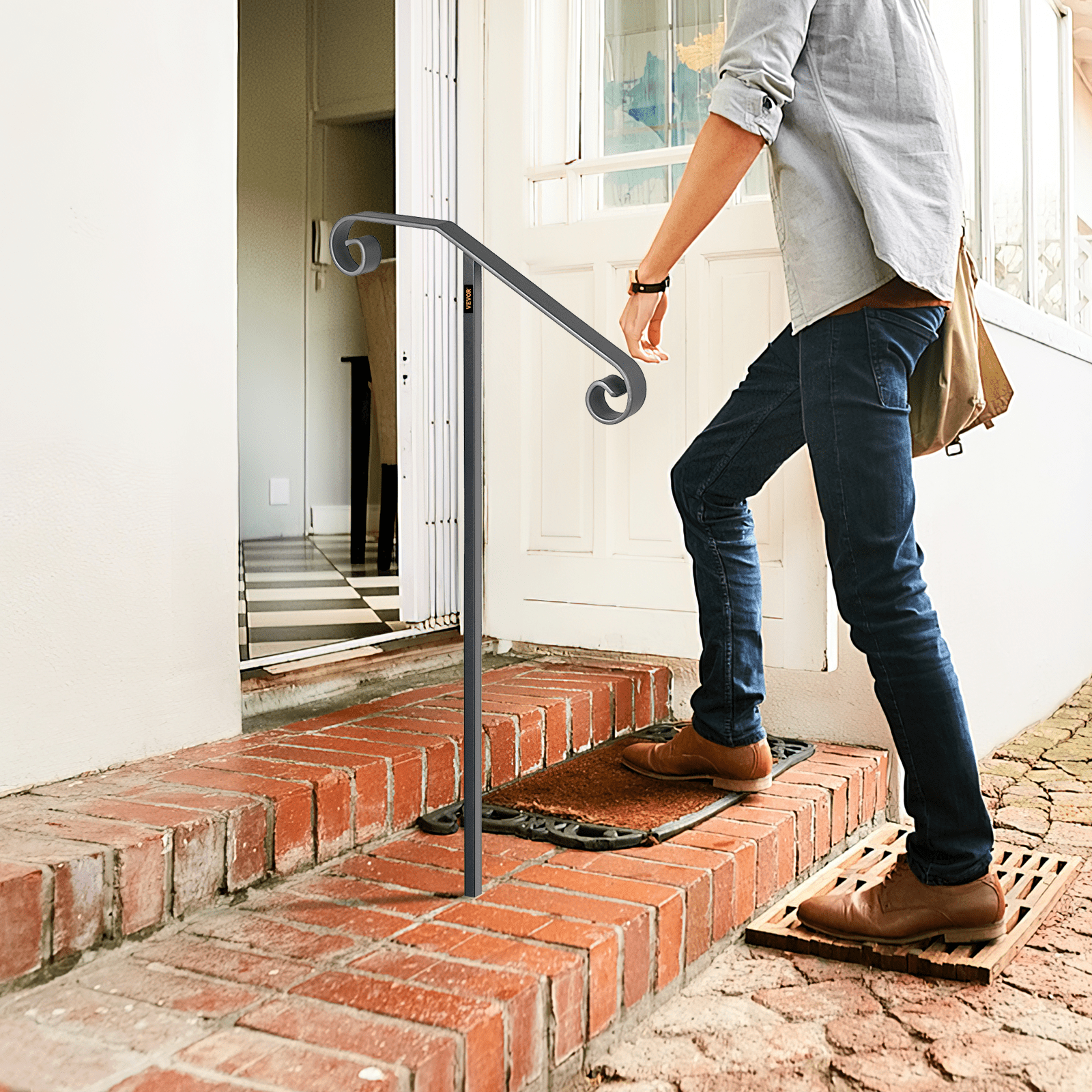 VEVOR Single Post Handrail Wrought Iron Post Mount Step Grab Supports in Ground Long Post Fits 1 or 2 Steps Grab Rail Single Post Railing (Gray) 