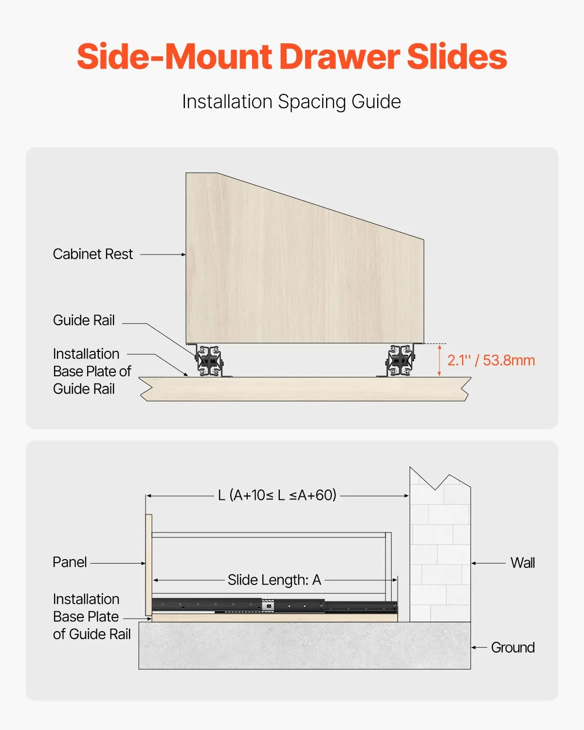 VEVOR Undermount Drawer Slides 40 inch Under Stair Cabinet Rails 260 LB Load