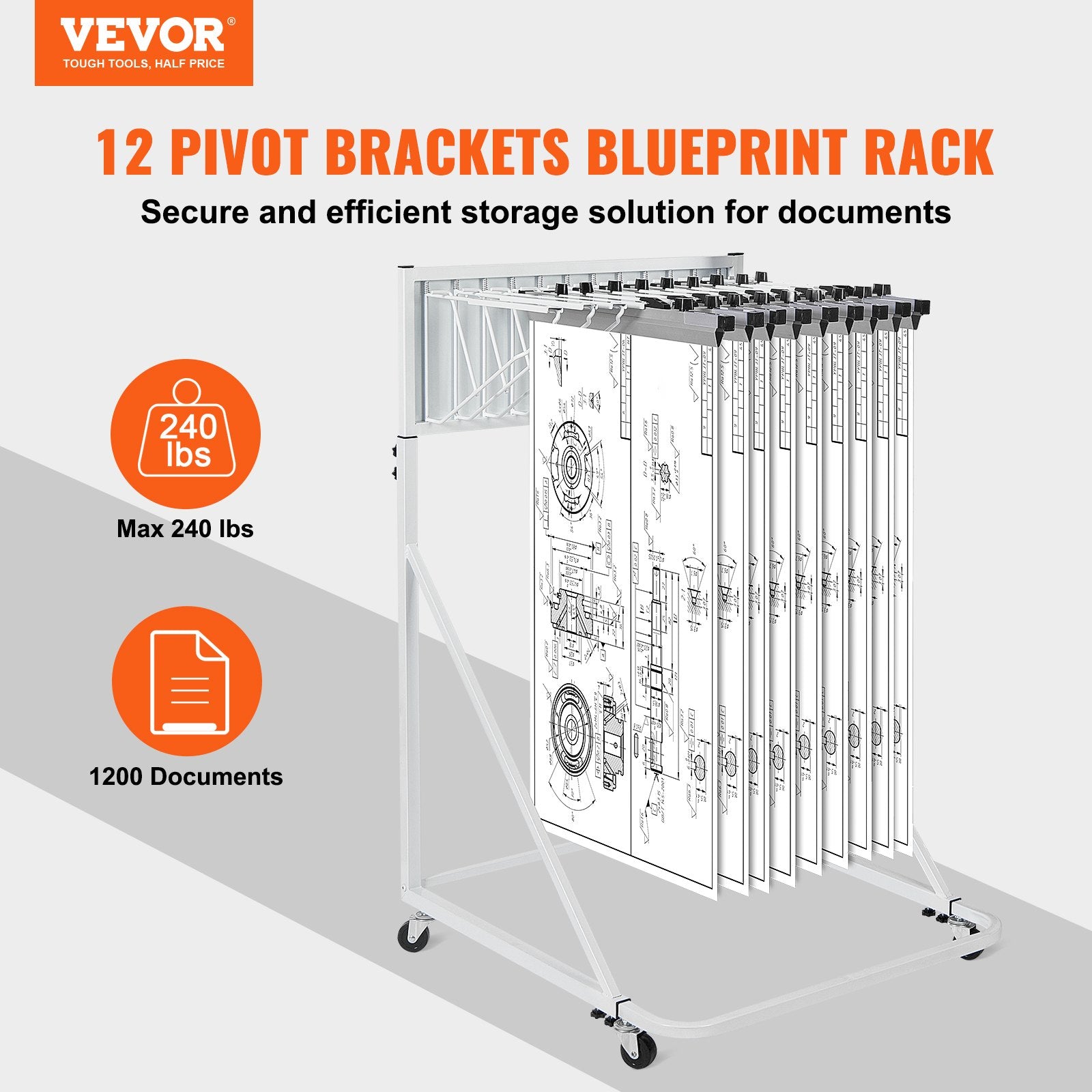 VEVOR Mobile Blueprint Storage Rack Plan Holder with 12 Pivot Brackets 240 lbs 
