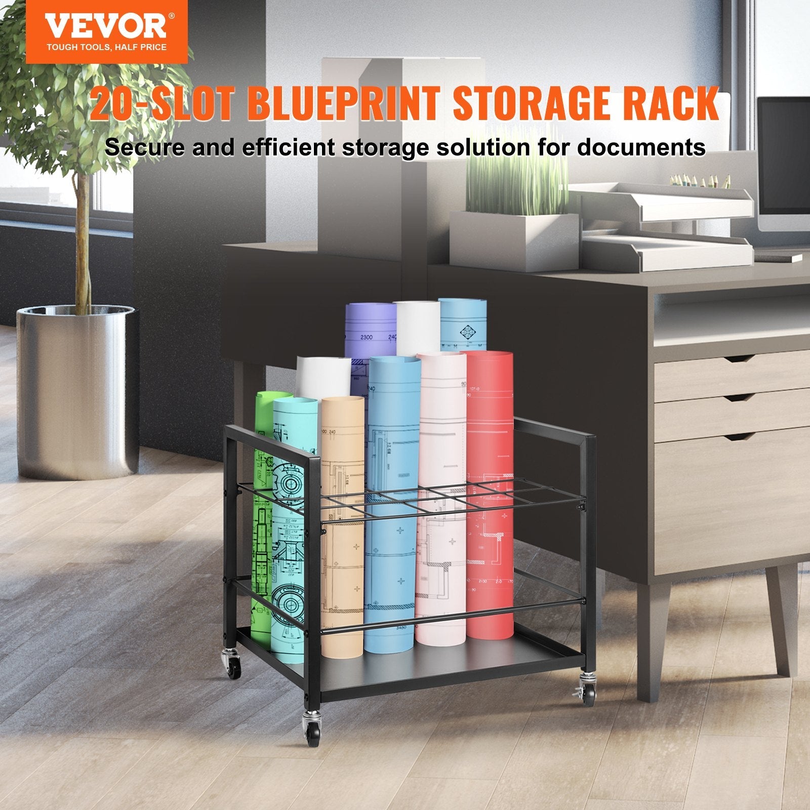 VEVOR Blueprint Storage Rack 20 Slots Mobile Roll File Holder for Architectural 