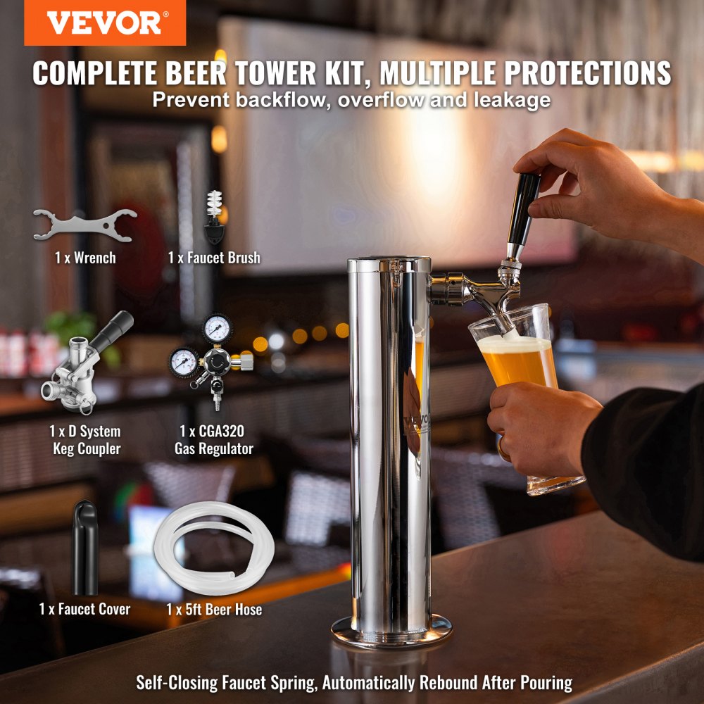 VEVOR Kegerator Tower Kit, Single Tap Beer Conversion Kit, Stainless Steel Keg Beer Tower Dispenser with Dual Gauge CGA320 Regulator & D-System Keg Coupler, Self-Closing Spring for Party Bar Home 
