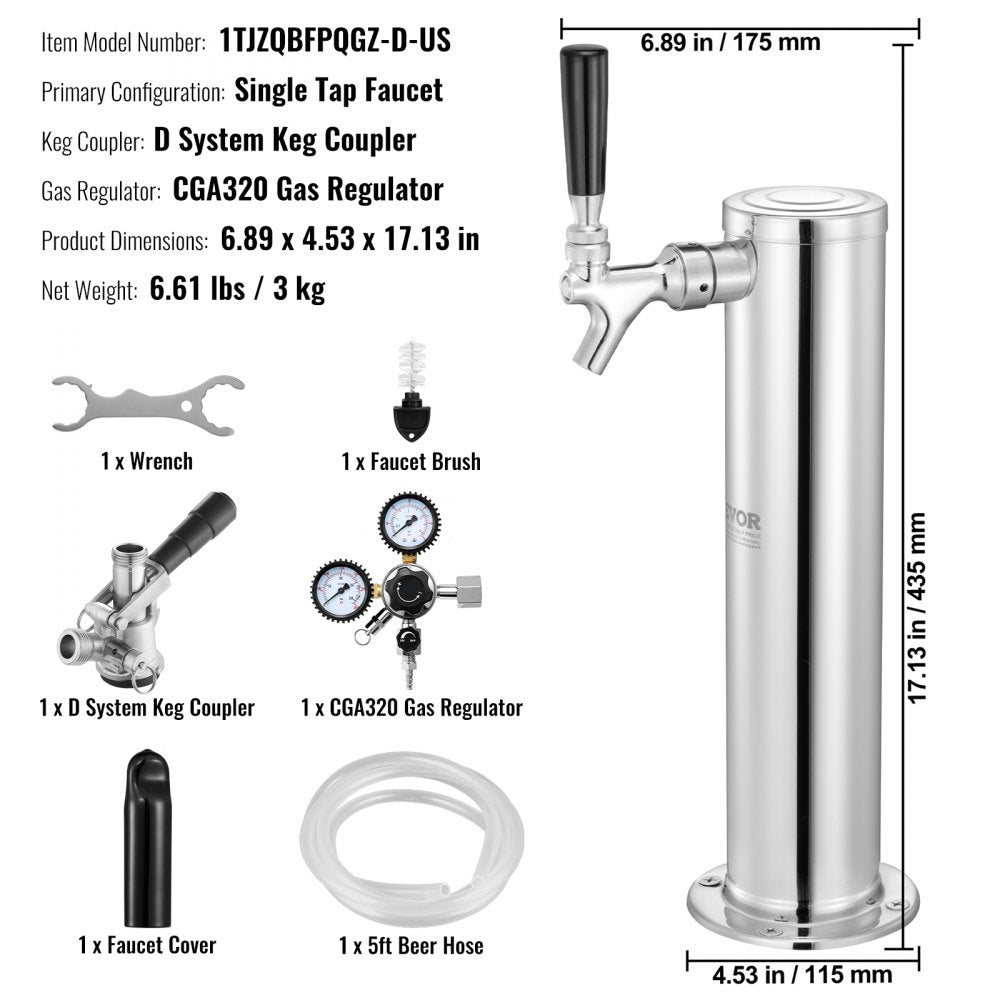 VEVOR Kegerator Tower Kit, Single Tap Beer Conversion Kit, Stainless Steel Keg Beer Tower Dispenser with Dual Gauge CGA320 Regulator & D-System Keg Coupler, Self-Closing Spring for Party Bar Home 