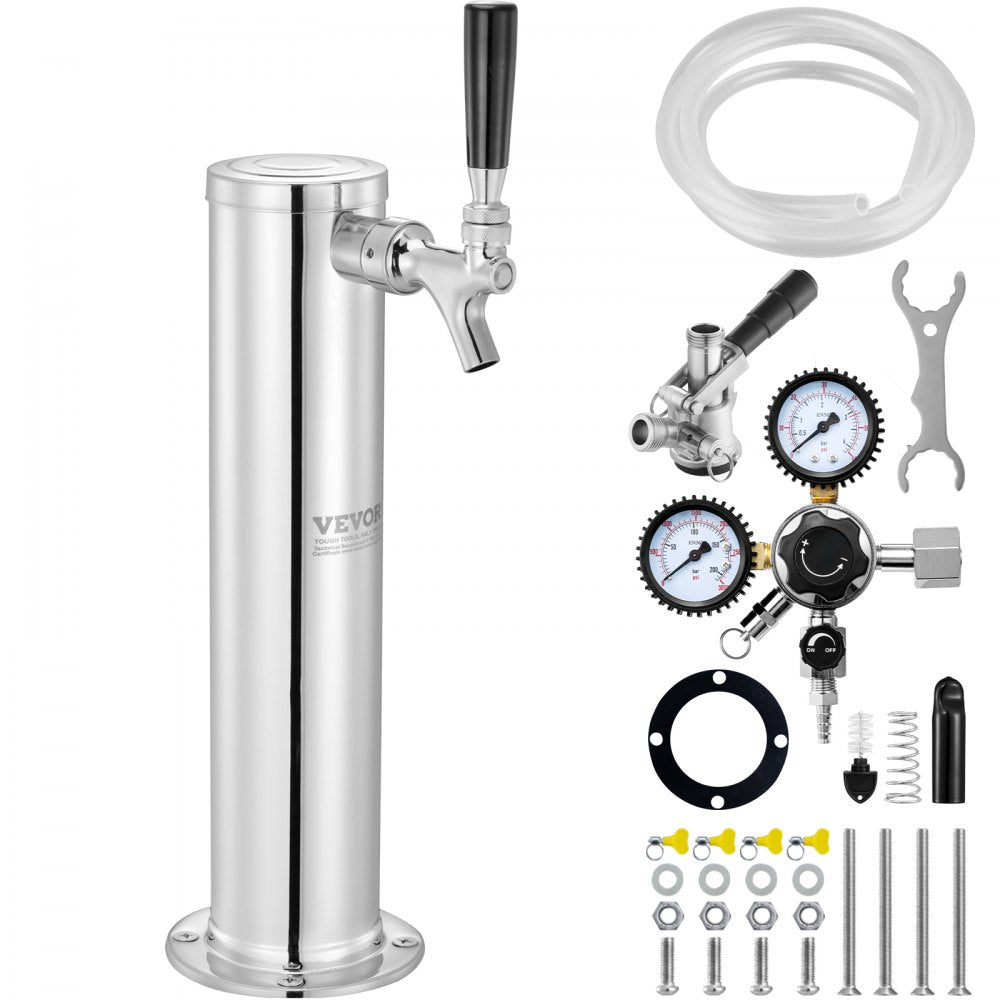 VEVOR Kegerator Tower Kit, Single Tap Beer Conversion Kit, Stainless Steel Keg Beer Tower Dispenser with Dual Gauge CGA320 Regulator & D-System Keg Coupler, Self-Closing Spring for Party Bar Home 