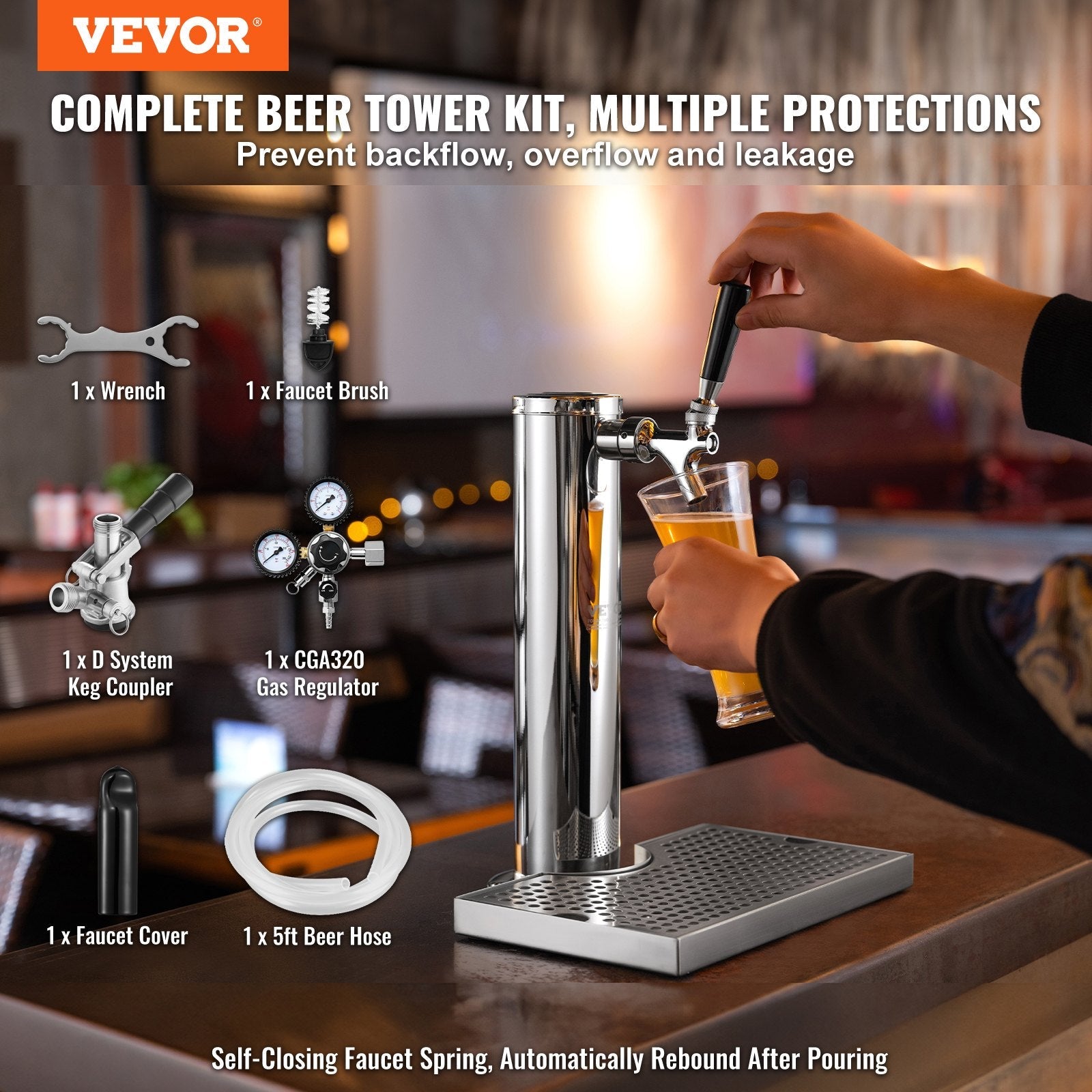 VEVOR Kegerator Tower Kit, Single Tap Beer Conversion Kit, Stainless Steel Keg Beer Tower Dispenser with Dual Gauge CGA320 Regulator & D-System Keg Coupler, Beer Drip Tray for Party Home 