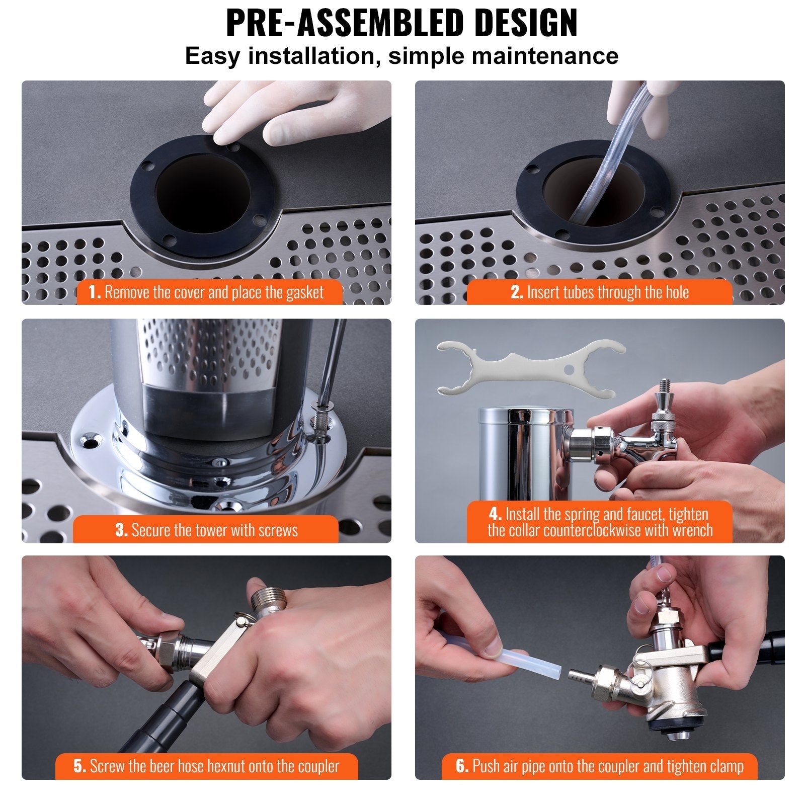 VEVOR Kegerator Tower Kit, Single Tap Beer Conversion Kit, Stainless Steel Keg Beer Tower Dispenser with Dual Gauge CGA320 Regulator & D-System Keg Coupler, Beer Drip Tray for Party Home 