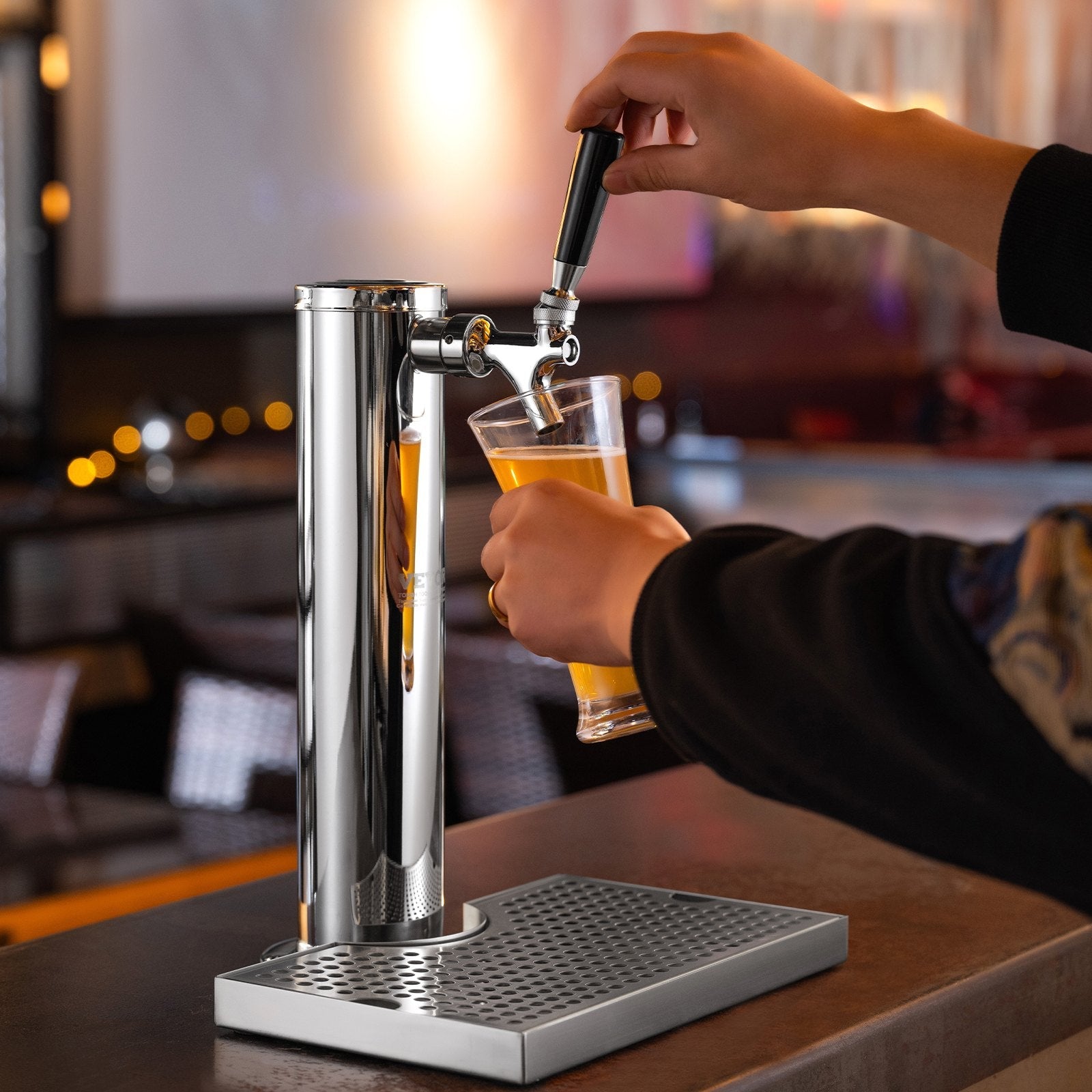 VEVOR Kegerator Tower Kit, Single Tap Beer Conversion Kit, Stainless Steel Keg Beer Tower Dispenser with Dual Gauge CGA320 Regulator & D-System Keg Coupler, Beer Drip Tray for Party Home 
