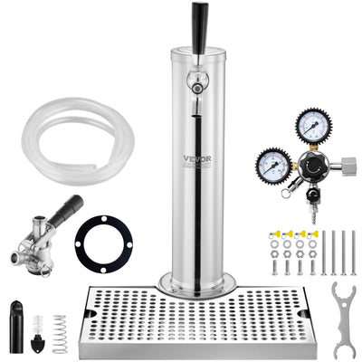 VEVOR Kegerator Tower Kit, Single Tap Beer Conversion Kit, Stainless Steel Keg Beer Tower Dispenser with Dual Gauge CGA320 Regulator & D-System Keg Coupler, Beer Drip Tray for Party Home 