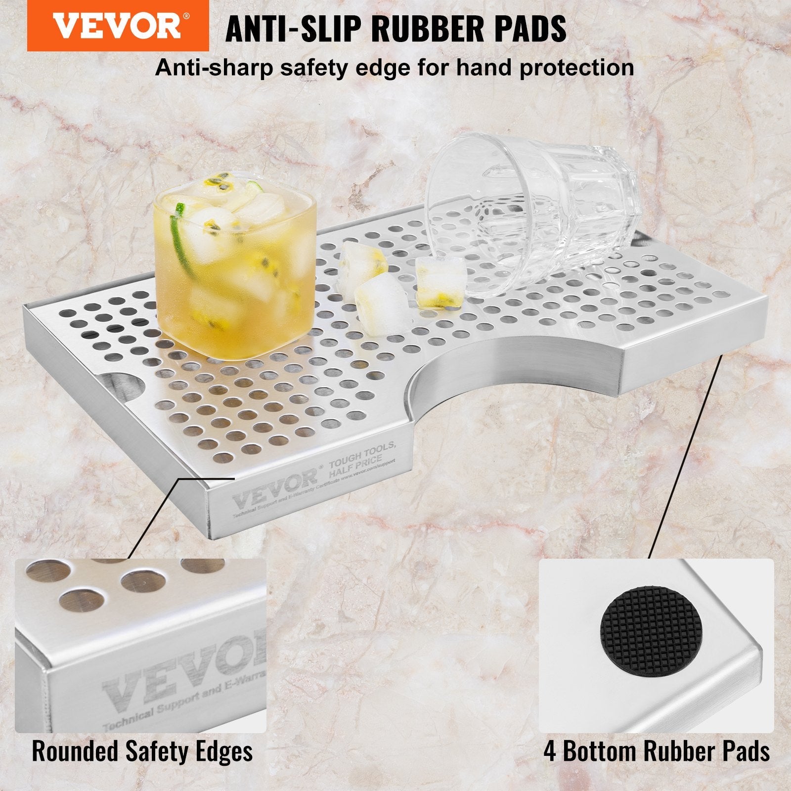 VEVOR Kegerator Beer Drip Tray, 304 Stainless Steel Keg Drip Trays with 4 Non-Slip Rubber Pads and Detachable Cover, Heat / Cold Resistant Beer Tower Drip Pan for Bar Restaurant Coffee Shop Home 
