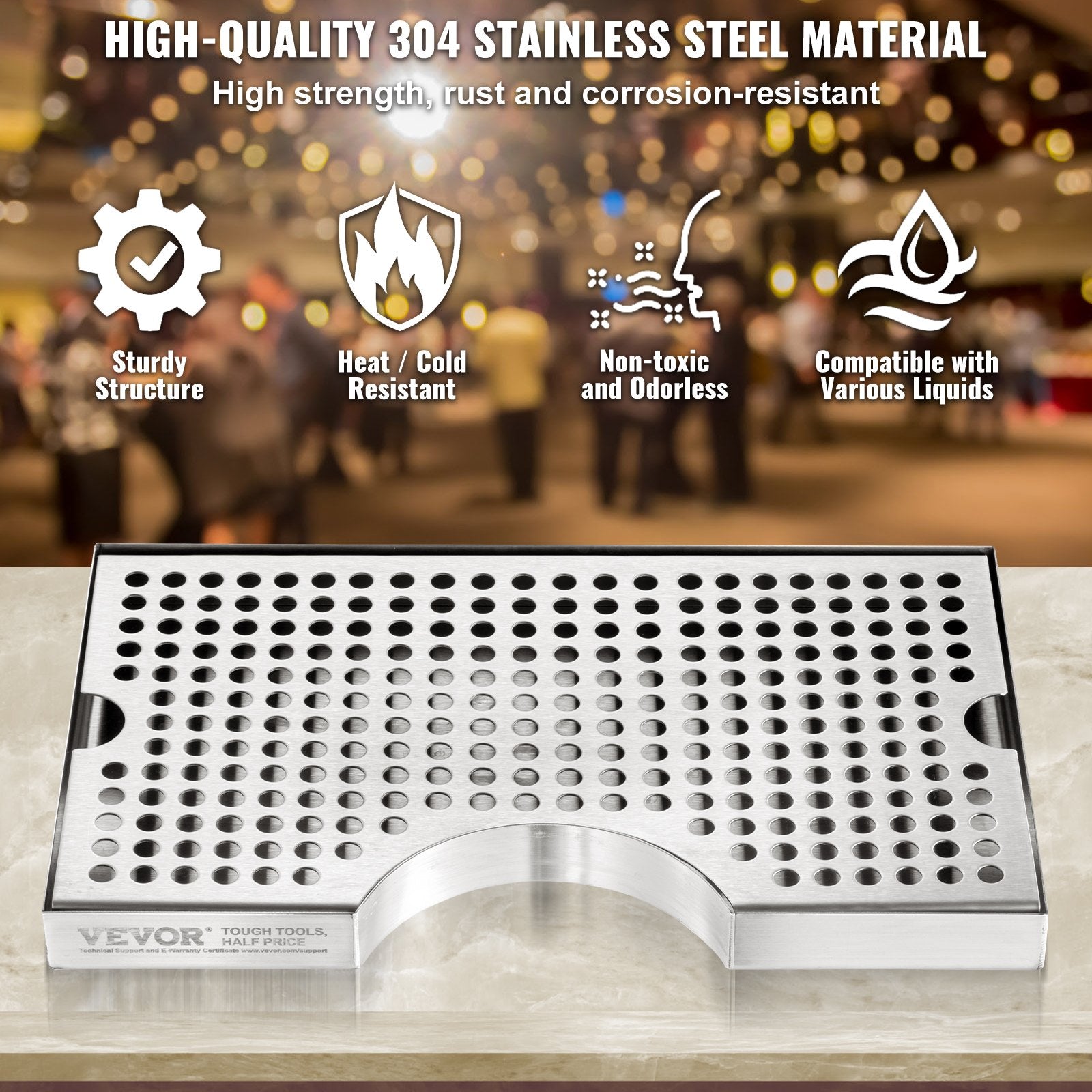 VEVOR Kegerator Beer Drip Tray, 304 Stainless Steel Keg Drip Trays with 4 Non-Slip Rubber Pads and Detachable Cover, Heat / Cold Resistant Beer Tower Drip Pan for Bar Restaurant Coffee Shop Home 