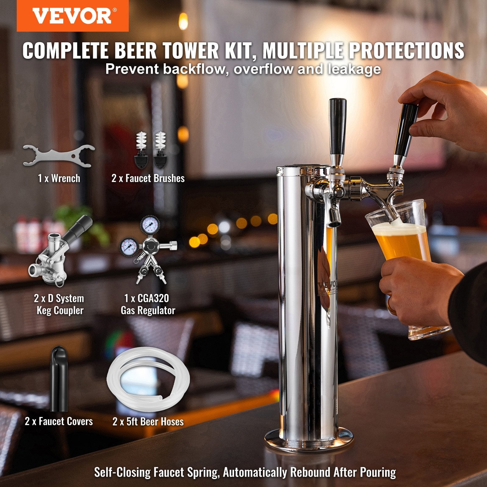 VEVOR Kegerator Tower Kit, Dual Taps Beer Conversion Kit, Stainless Steel Keg Beer Tower Dispenser with Dual Gauge CGA320 Regulator & D-System Keg Coupler, Self-Closing Spring for Party Bar Home 