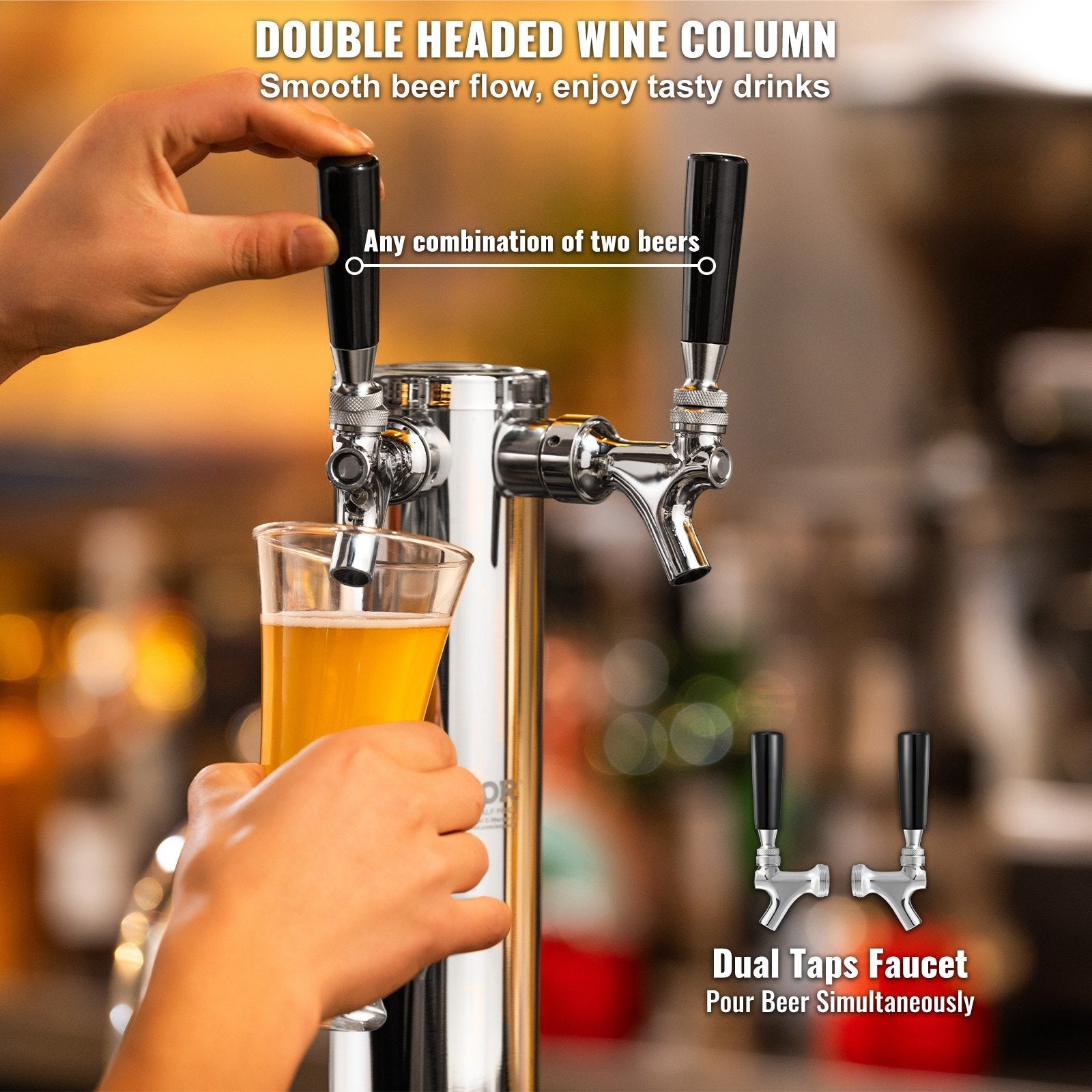 VEVOR Kegerator Tower Kit, Dual Taps Beer Conversion Kit, Stainless Steel Keg Beer Tower Dispenser with Dual Gauge CGA320 Regulator & D-System Keg Coupler, Self-Closing Spring for Party Bar Home 