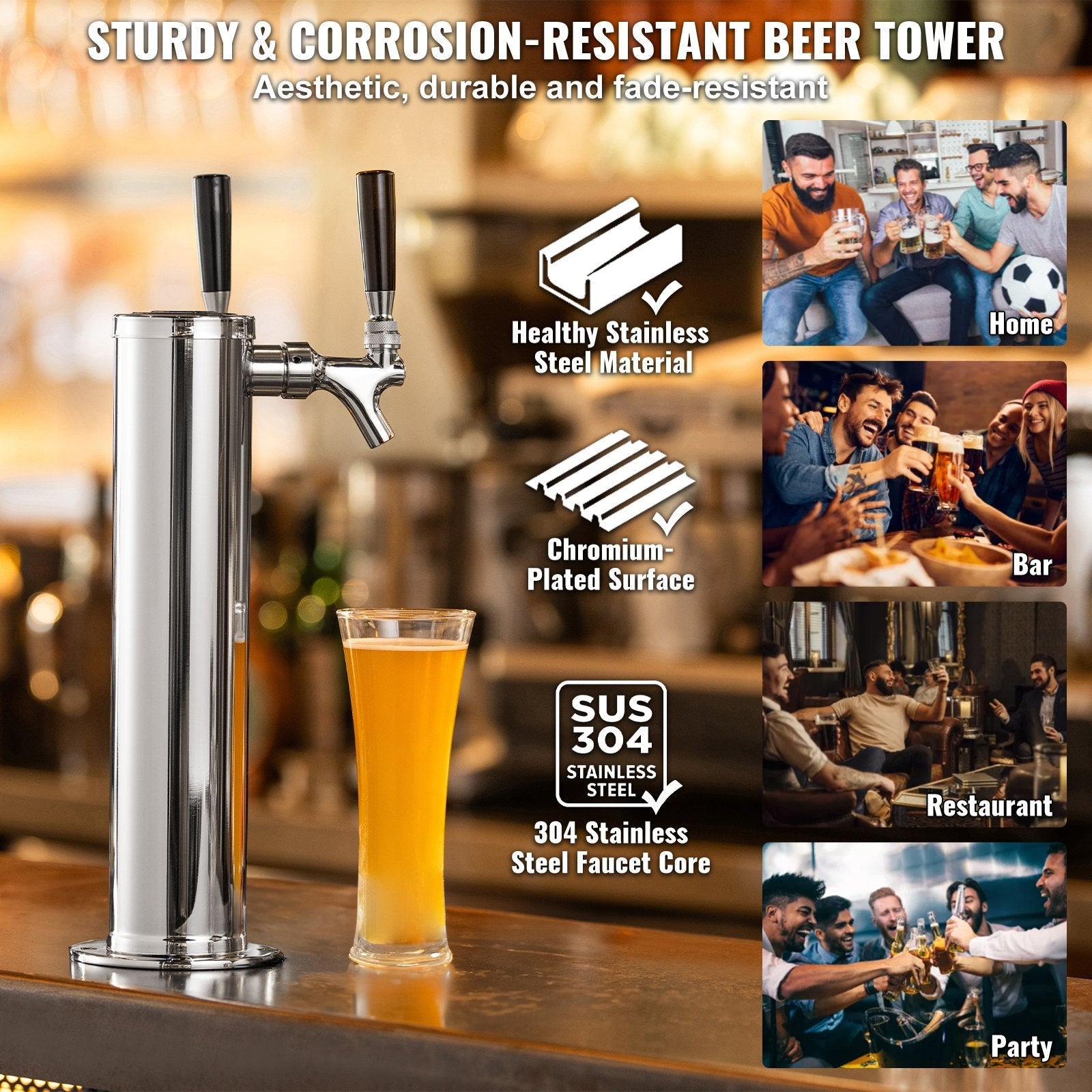 VEVOR Kegerator Tower Kit, Dual Taps Beer Conversion Kit, Stainless Steel Keg Beer Tower Dispenser with Dual Gauge CGA320 Regulator & D-System Keg Coupler, Self-Closing Spring for Party Bar Home 