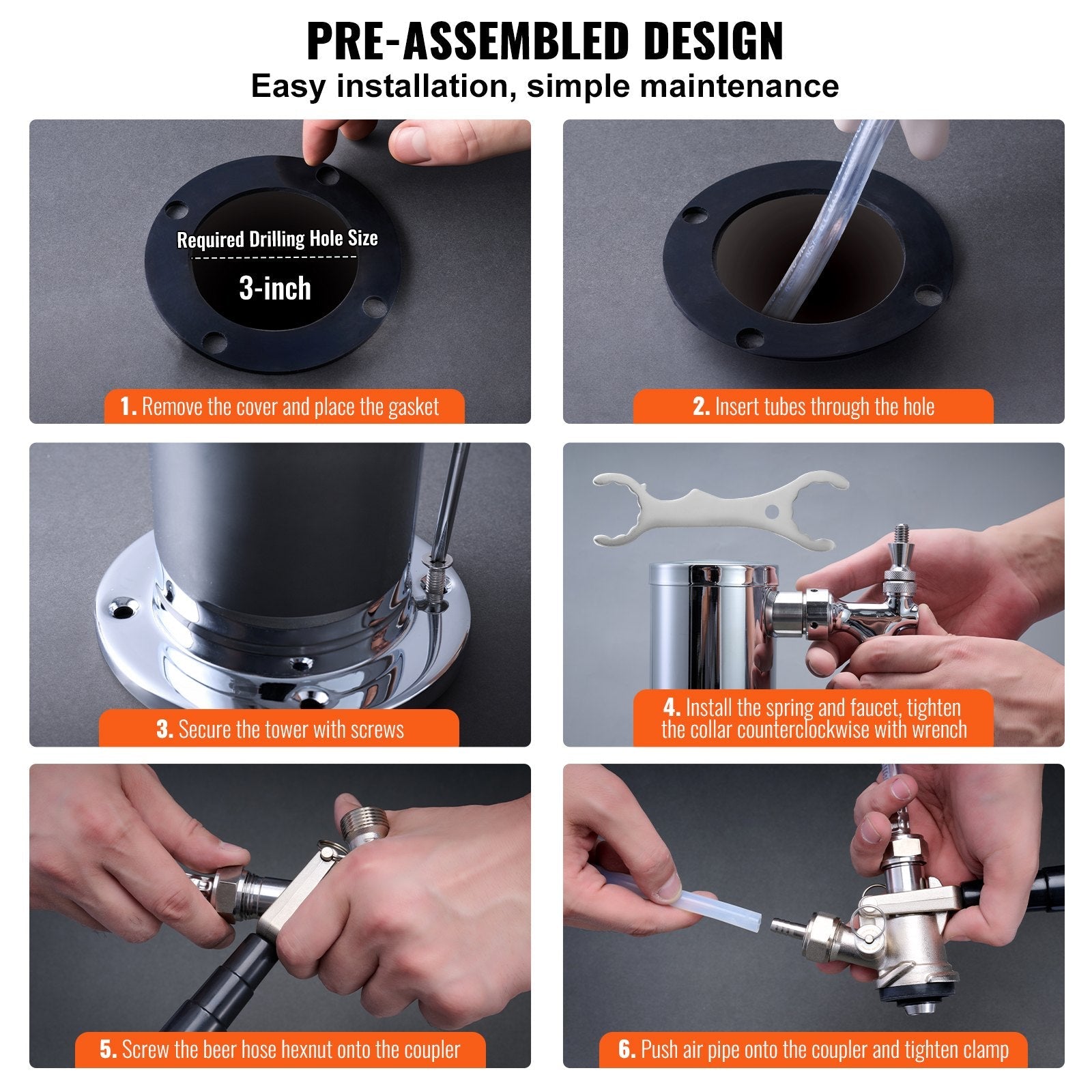 VEVOR Kegerator Tower Kit, Dual Taps Beer Conversion Kit, Stainless Steel Keg Beer Tower Dispenser with Dual Gauge CGA320 Regulator & D-System Keg Coupler, Self-Closing Spring for Party Bar Home 