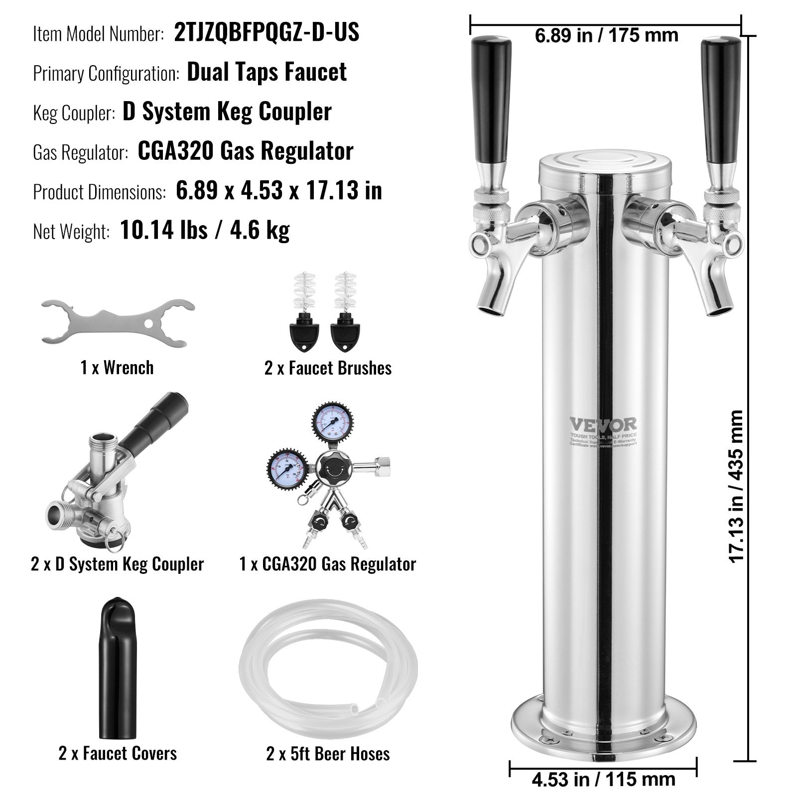 VEVOR Kegerator Tower Kit, Dual Taps Beer Conversion Kit, Stainless Steel Keg Beer Tower Dispenser with Dual Gauge CGA320 Regulator & D-System Keg Coupler, Self-Closing Spring for Party Bar Home 