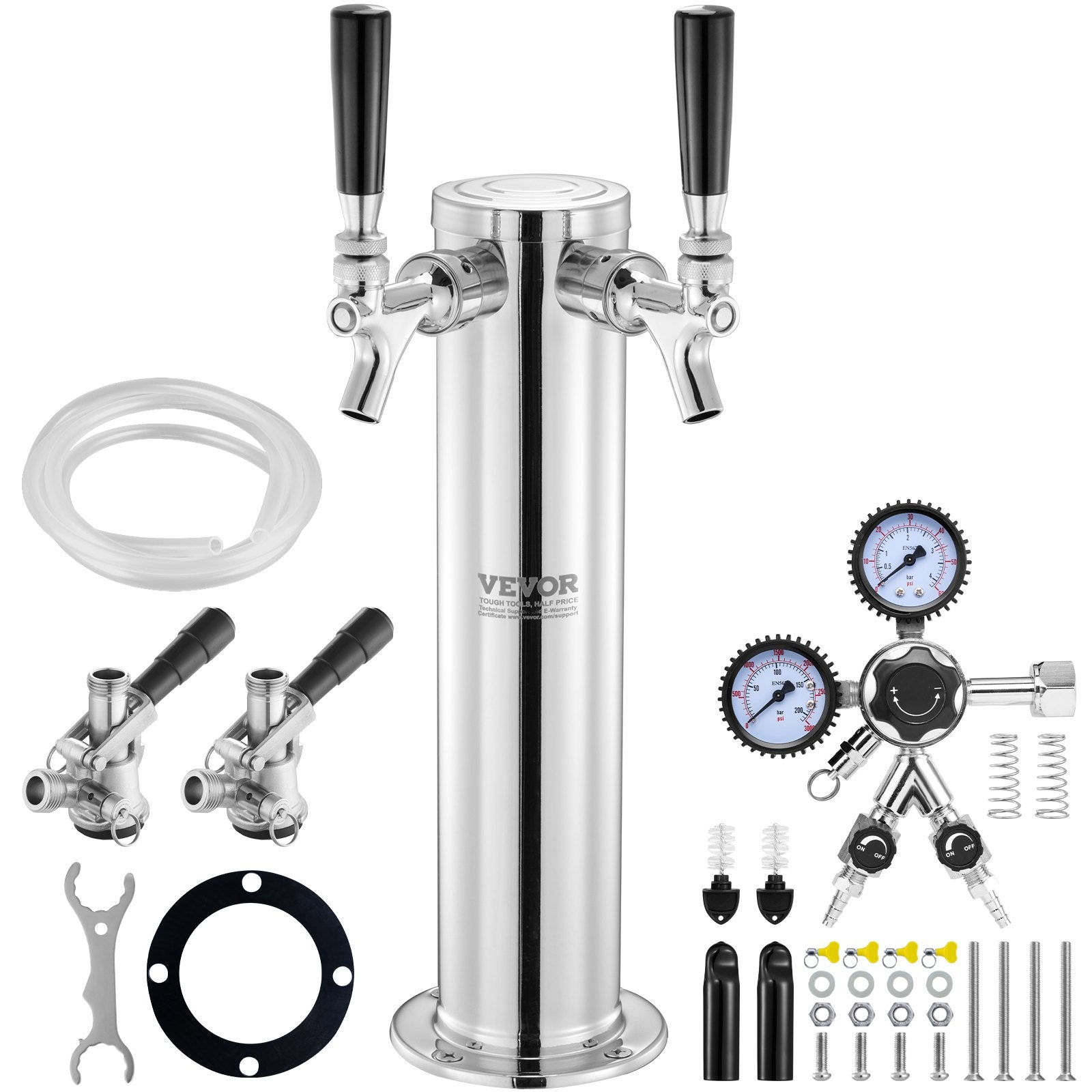 VEVOR Kegerator Tower Kit, Dual Taps Beer Conversion Kit, Stainless Steel Keg Beer Tower Dispenser with Dual Gauge CGA320 Regulator & D-System Keg Coupler, Self-Closing Spring for Party Bar Home 