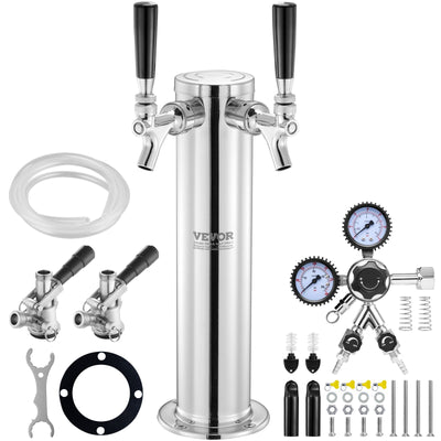 VEVOR Kegerator Tower Kit, Dual Taps Beer Conversion Kit, Stainless Steel Keg Beer Tower Dispenser with Dual Gauge CGA320 Regulator & D-System Keg Coupler, Self-Closing Spring for Party Bar Home 