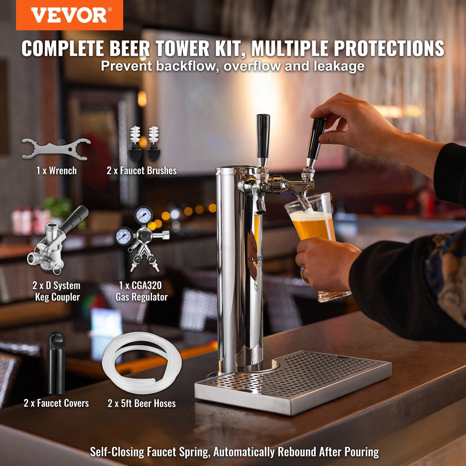 VEVOR Kegerator Tower Kit, Dual Taps Beer Conversion Kit, Stainless Steel Keg Beer Tower Dispenser with Dual Gauge CGA320 Regulator & D-System Keg Coupler, Beer Drip Tray for Party Home 