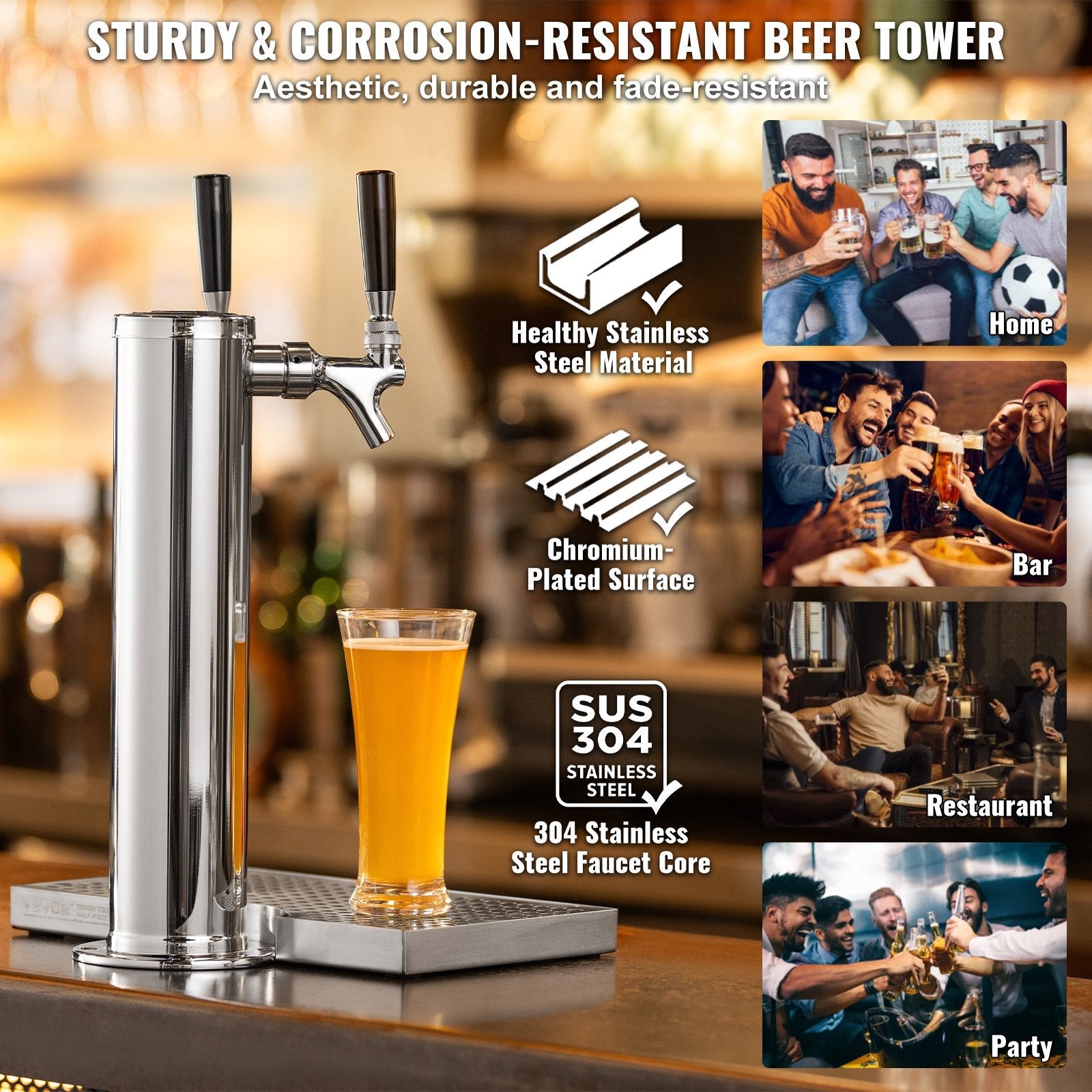 VEVOR Kegerator Tower Kit, Dual Taps Beer Conversion Kit, Stainless Steel Keg Beer Tower Dispenser with Dual Gauge CGA320 Regulator & D-System Keg Coupler, Beer Drip Tray for Party Home 