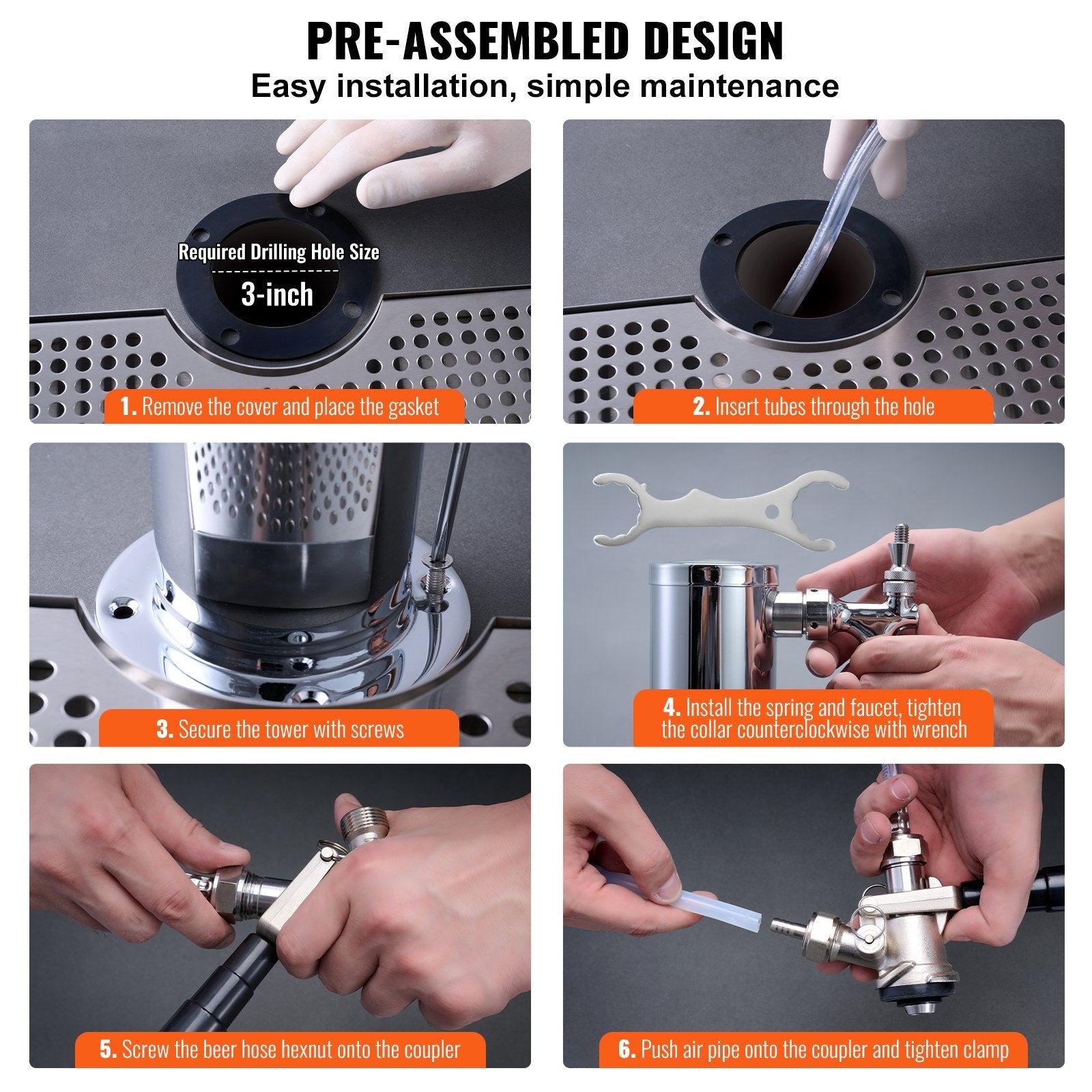 VEVOR Kegerator Tower Kit, Dual Taps Beer Conversion Kit, Stainless Steel Keg Beer Tower Dispenser with Dual Gauge CGA320 Regulator & D-System Keg Coupler, Beer Drip Tray for Party Home 