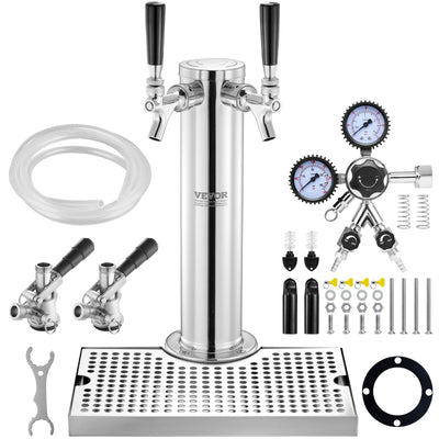 VEVOR Kegerator Tower Kit, Dual Taps Beer Conversion Kit, Stainless Steel Keg Beer Tower Dispenser with Dual Gauge CGA320 Regulator & D-System Keg Coupler, Beer Drip Tray for Party Home 