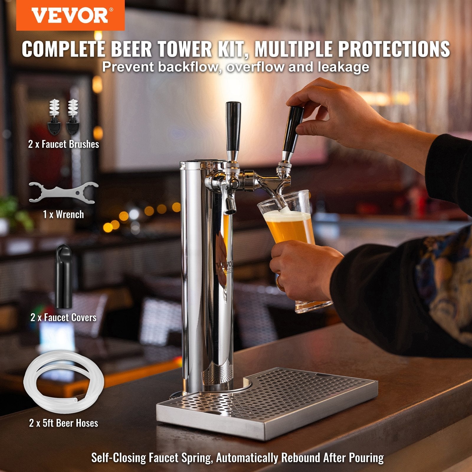 VEVOR Dual Taps Draft Beer Tower Dispenser, Stainless Steel Keg Beer Tower, Kegerator Tower Kit with Pre-Assembled Tubing and Self-Closing Faucet Shanks for Party, Bar, Pub, Restaurant 