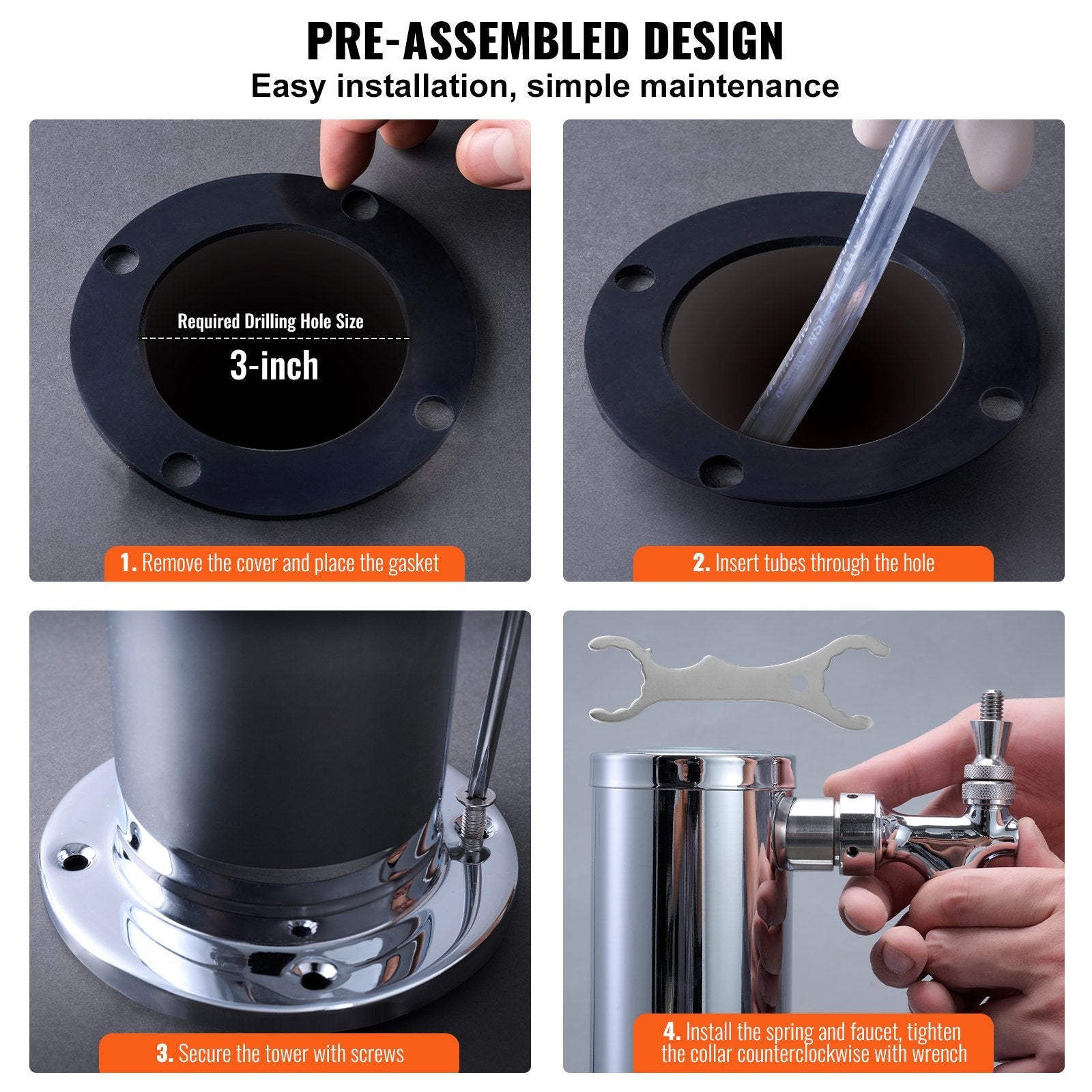VEVOR Dual Taps Draft Beer Tower Dispenser, Stainless Steel Keg Beer Tower, Kegerator Tower Kit with Pre-Assembled Tubing and Self-Closing Faucet Shanks for Party, Bar, Pub, Restaurant 